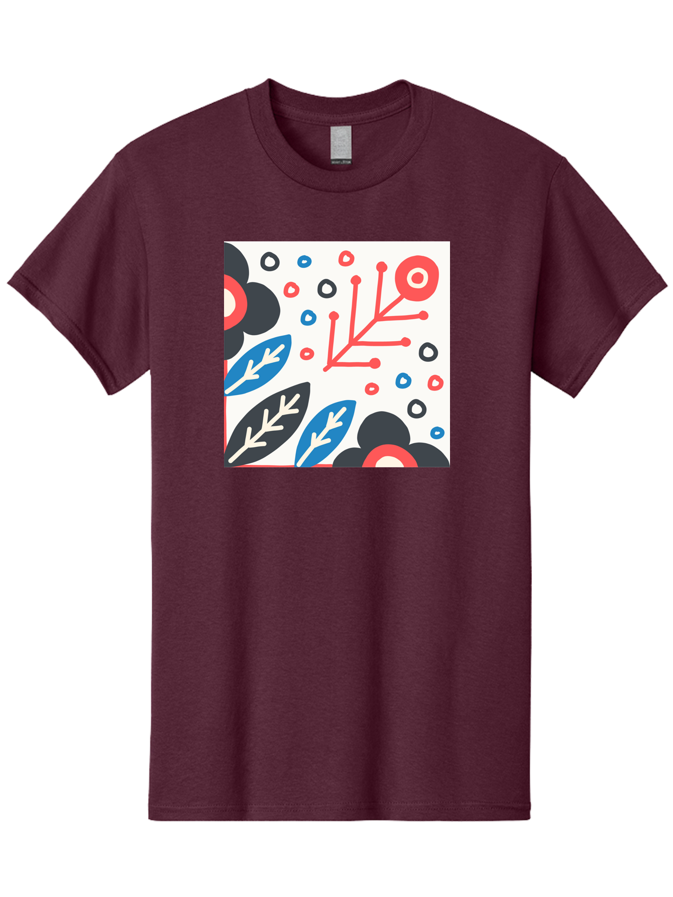 Abstract-Floral-Pattern Men'S Graphic Tee, 100% Cotton, Comfortable Casual Summer Wear, Machine Washable, Stylized Floral Pattern, Abstract Design, Red, Blue, Black, And White Hues, Leafy Elements, Circular Motifs, Modern Art, Graphic Design, Aab652 25