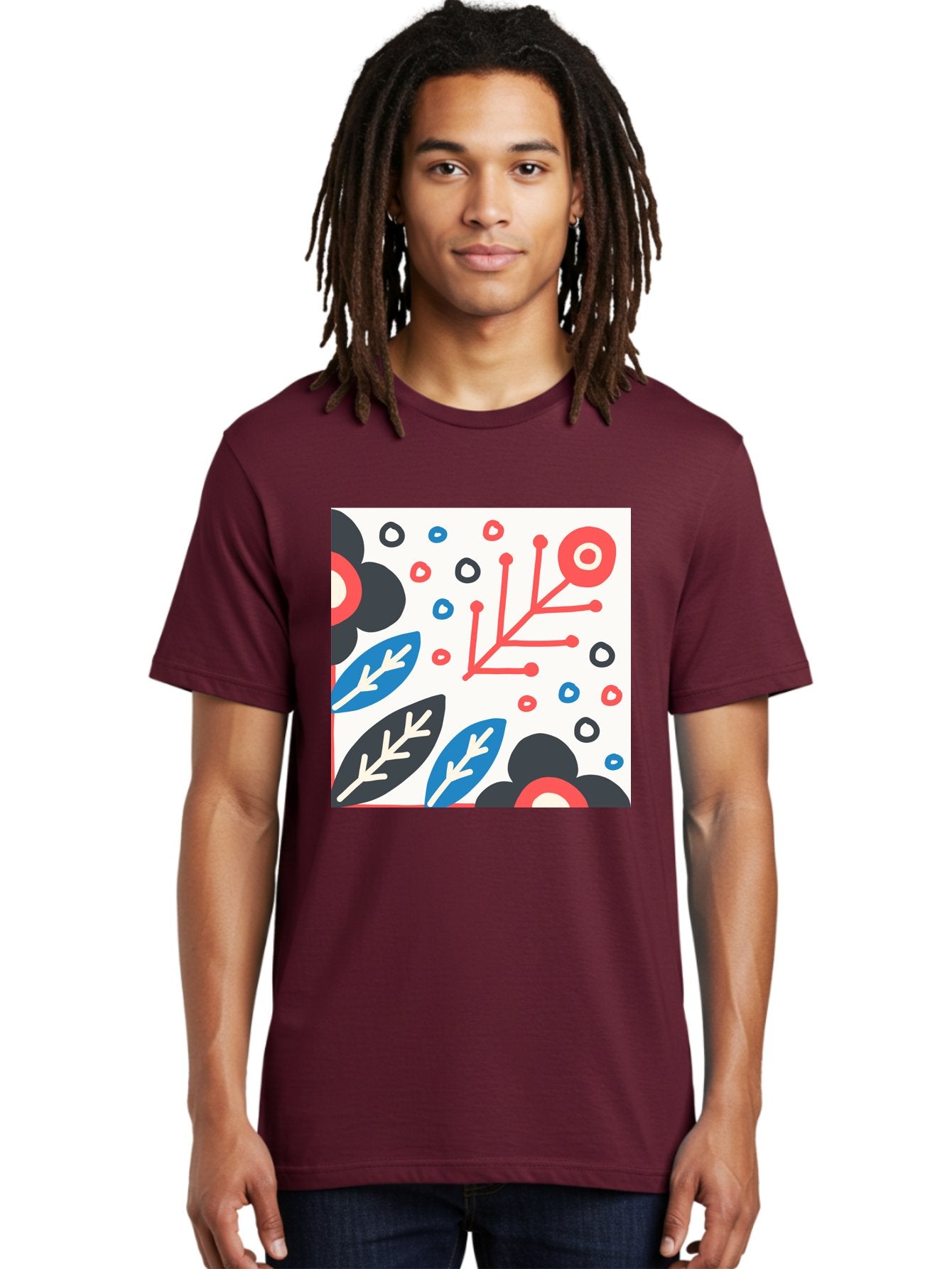 Abstract-Floral-Pattern Men'S Graphic Tee, 100% Cotton, Comfortable Casual Summer Wear, Machine Washable, Stylized Floral Pattern, Abstract Design, Red, Blue, Black, And White Hues, Leafy Elements, Circular Motifs, Modern Art, Graphic Design, Aab652 16