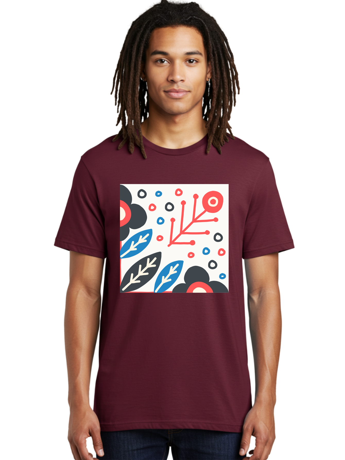 Abstract-Floral-Pattern Men'S Graphic Tee, 100% Cotton, Comfortable Casual Summer Wear, Machine Washable, Stylized Floral Pattern, Abstract Design, Red, Blue, Black, And White Hues, Leafy Elements, Circular Motifs, Modern Art, Graphic Design, Aab652 26