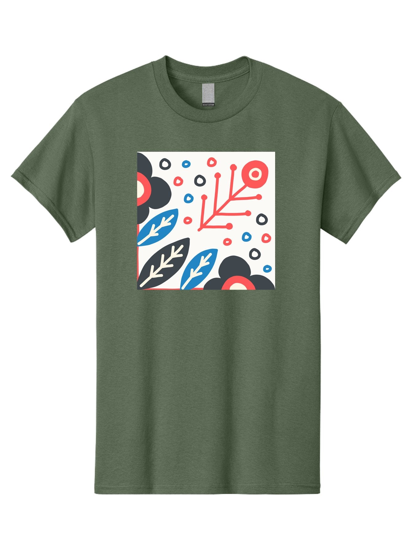 Abstract-Floral-Pattern Men'S Graphic Tee, 100% Cotton, Comfortable Casual Summer Wear, Machine Washable, Stylized Floral Pattern, Abstract Design, Red, Blue, Black, And White Hues, Leafy Elements, Circular Motifs, Modern Art, Graphic Design, Aab652 3