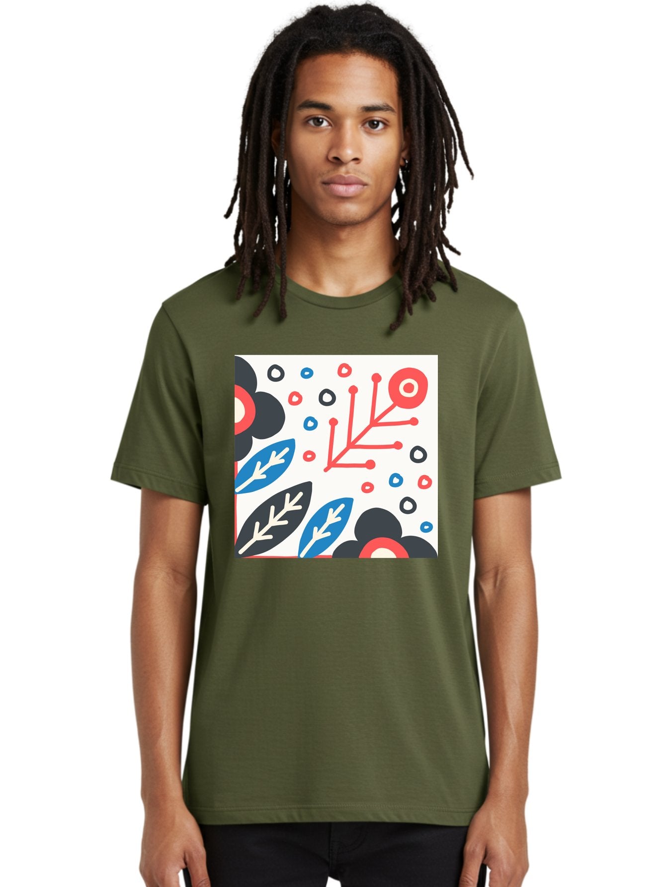 Abstract-Floral-Pattern Men'S Graphic Tee, 100% Cotton, Comfortable Casual Summer Wear, Machine Washable, Stylized Floral Pattern, Abstract Design, Red, Blue, Black, And White Hues, Leafy Elements, Circular Motifs, Modern Art, Graphic Design, Aab652 22