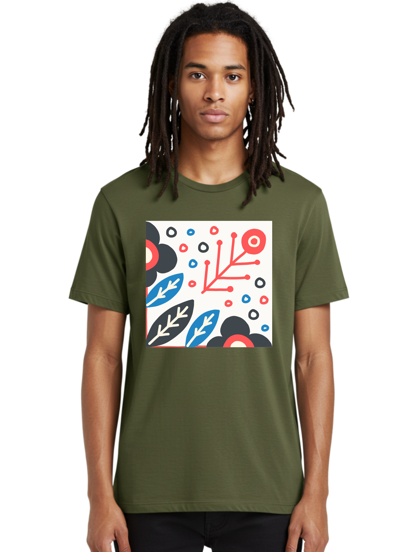 Abstract-Floral-Pattern Men'S Graphic Tee, 100% Cotton, Comfortable Casual Summer Wear, Machine Washable, Stylized Floral Pattern, Abstract Design, Red, Blue, Black, And White Hues, Leafy Elements, Circular Motifs, Modern Art, Graphic Design, Aab652 18