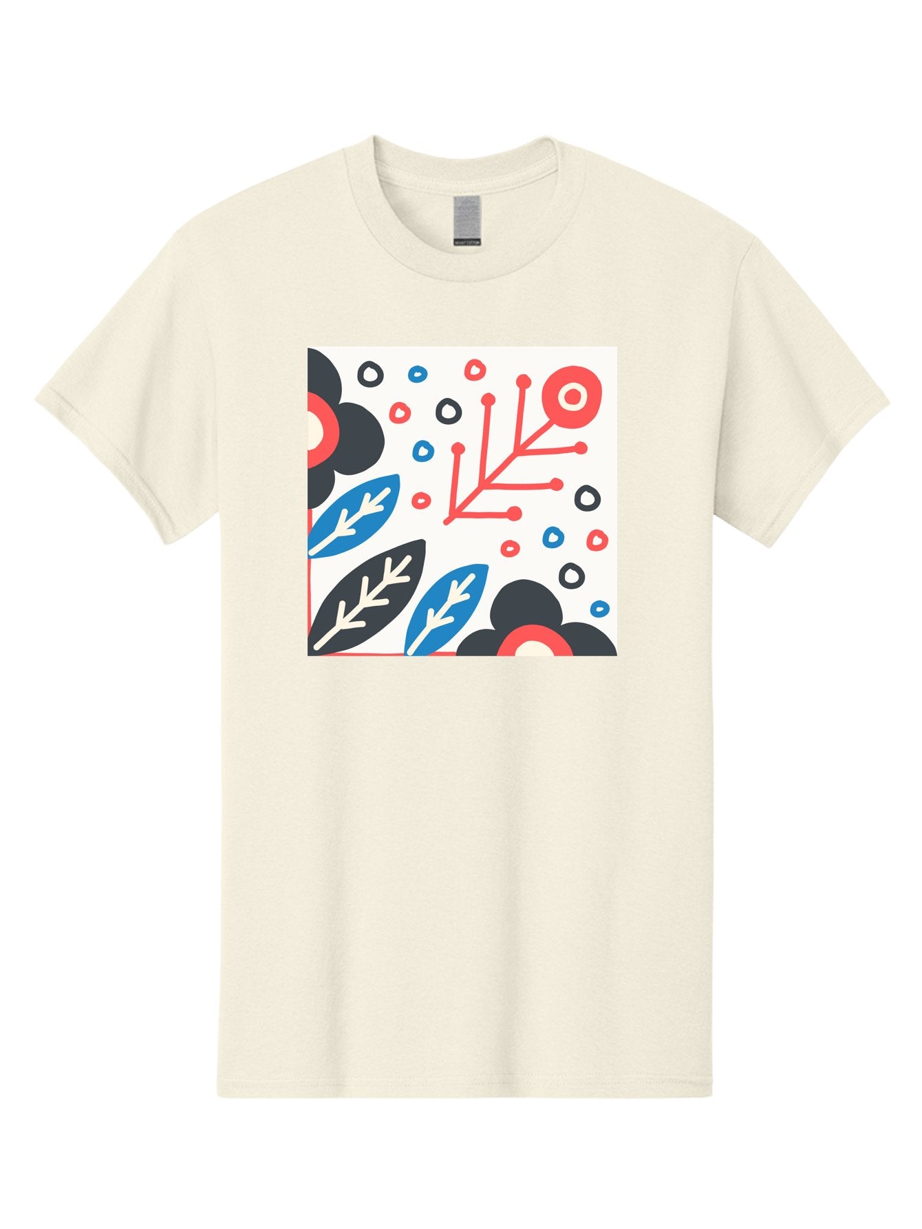 Abstract-Floral-Pattern Men'S Graphic Tee, 100% Cotton, Comfortable Casual Summer Wear, Machine Washable, Stylized Floral Pattern, Abstract Design, Red, Blue, Black, And White Hues, Leafy Elements, Circular Motifs, Modern Art, Graphic Design, Aab652 4