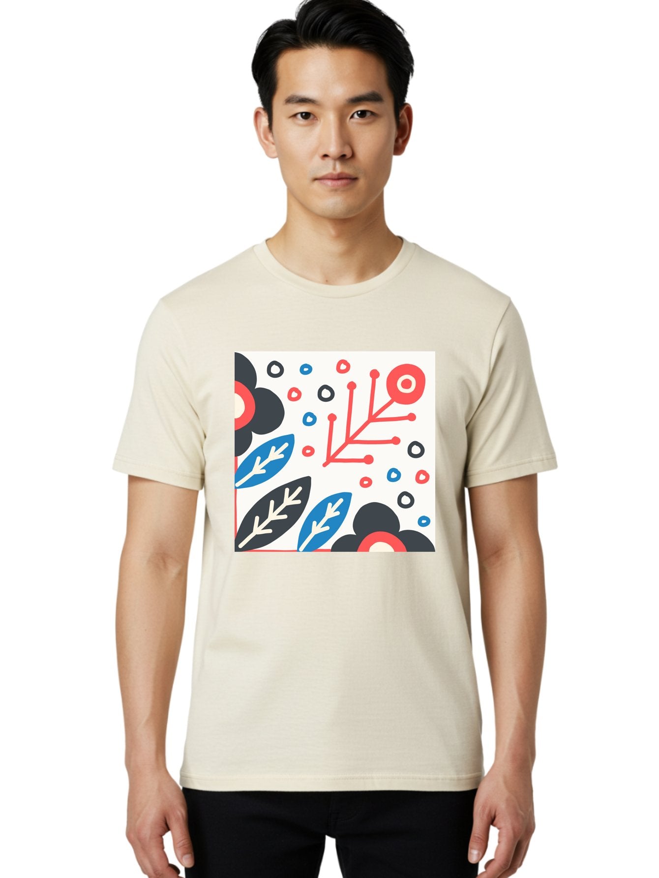 Abstract-Floral-Pattern Men'S Graphic Tee, 100% Cotton, Comfortable Casual Summer Wear, Machine Washable, Stylized Floral Pattern, Abstract Design, Red, Blue, Black, And White Hues, Leafy Elements, Circular Motifs, Modern Art, Graphic Design, Aab652 18
