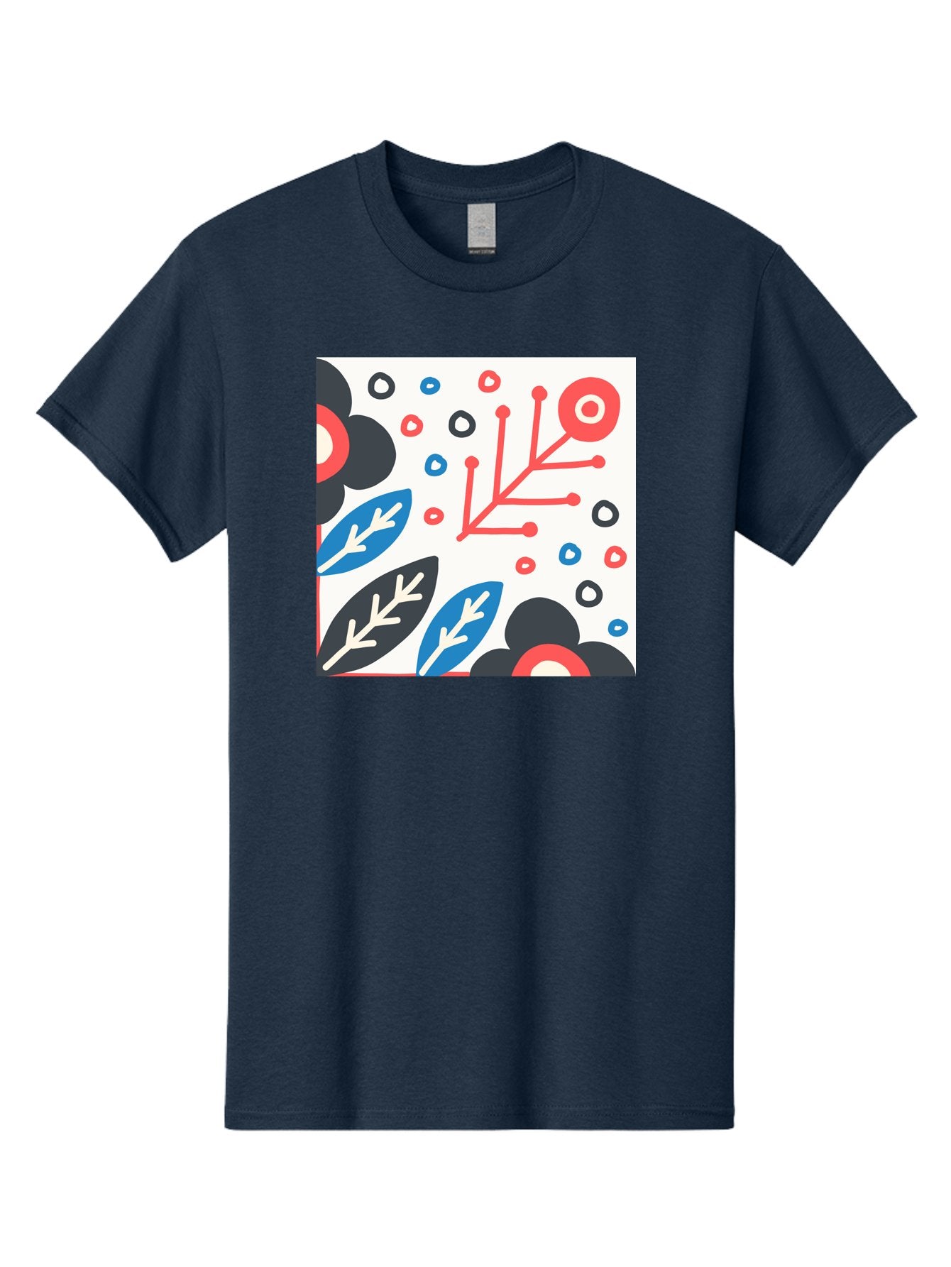Abstract-Floral-Pattern Men'S Graphic Tee, 100% Cotton, Comfortable Casual Summer Wear, Machine Washable, Stylized Floral Pattern, Abstract Design, Red, Blue, Black, And White Hues, Leafy Elements, Circular Motifs, Modern Art, Graphic Design, Aab652 13