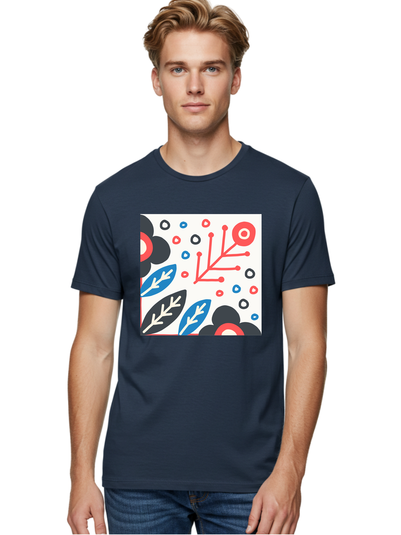 Abstract-Floral-Pattern Men'S Graphic Tee, 100% Cotton, Comfortable Casual Summer Wear, Machine Washable, Stylized Floral Pattern, Abstract Design, Red, Blue, Black, And White Hues, Leafy Elements, Circular Motifs, Modern Art, Graphic Design, Aab652 30