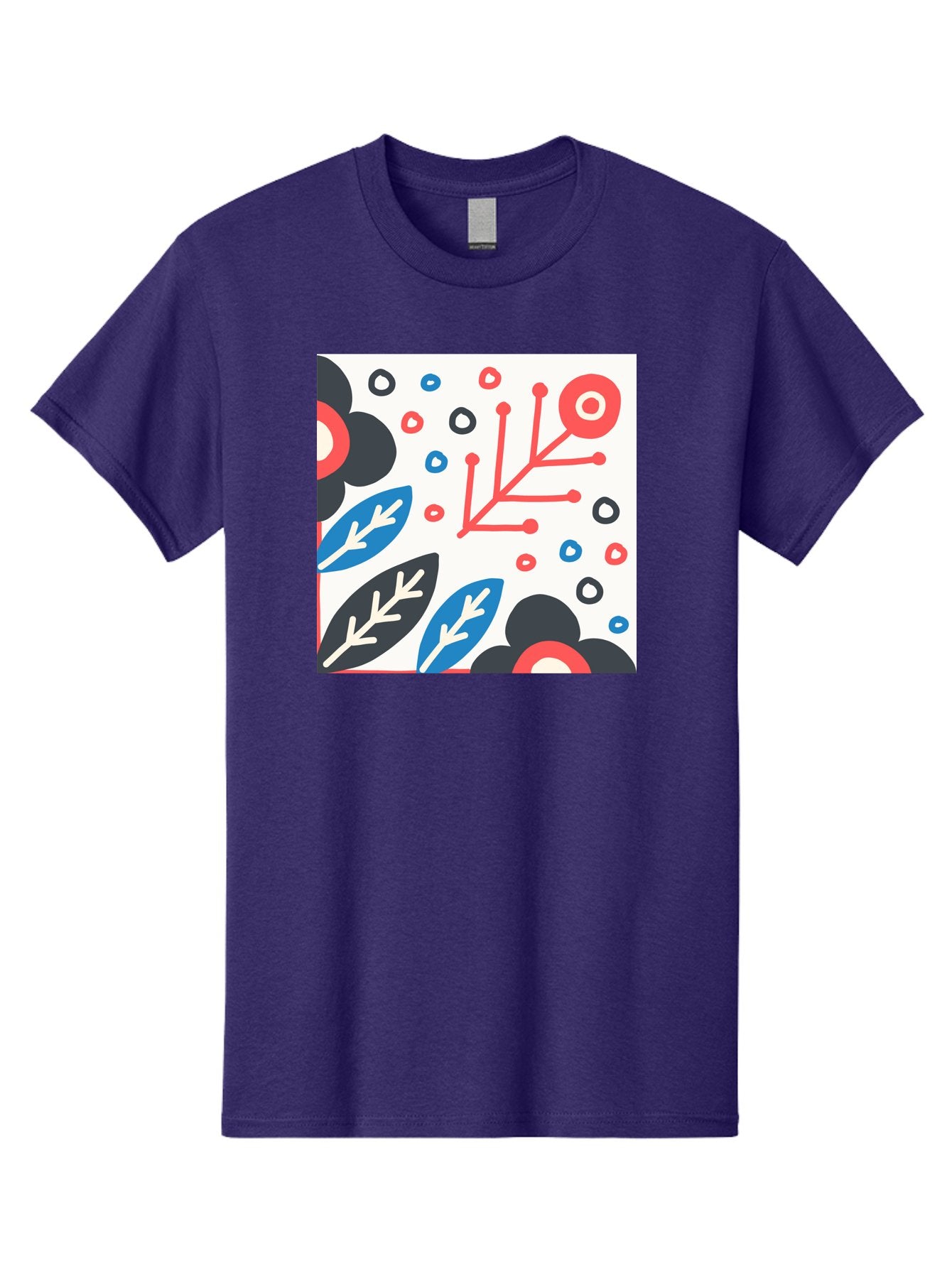 Abstract-Floral-Pattern Men'S Graphic Tee, 100% Cotton, Comfortable Casual Summer Wear, Machine Washable, Stylized Floral Pattern, Abstract Design, Red, Blue, Black, And White Hues, Leafy Elements, Circular Motifs, Modern Art, Graphic Design, Aab652 8
