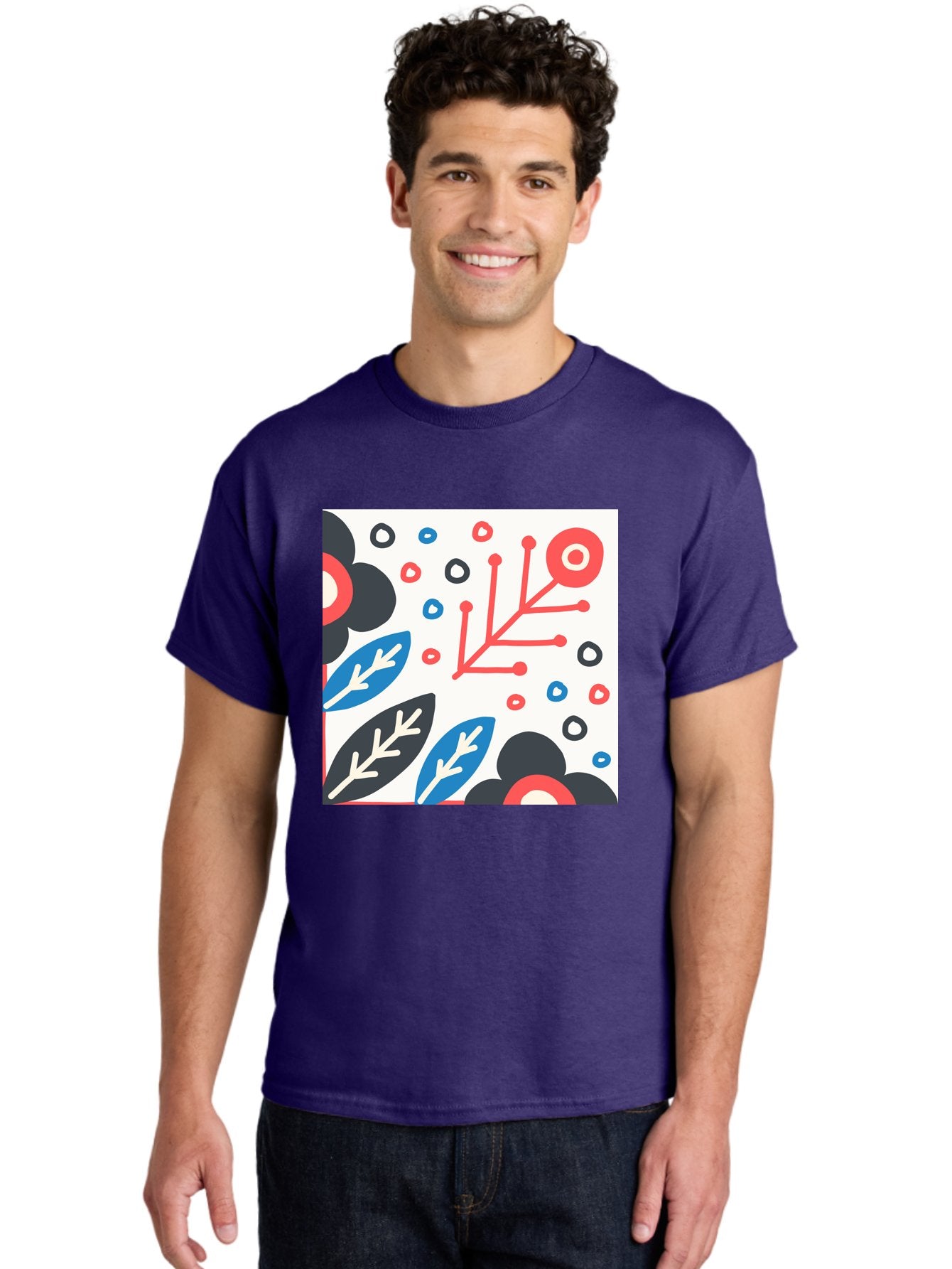 Abstract-Floral-Pattern Men'S Graphic Tee, 100% Cotton, Comfortable Casual Summer Wear, Machine Washable, Stylized Floral Pattern, Abstract Design, Red, Blue, Black, And White Hues, Leafy Elements, Circular Motifs, Modern Art, Graphic Design, Aab652 25
