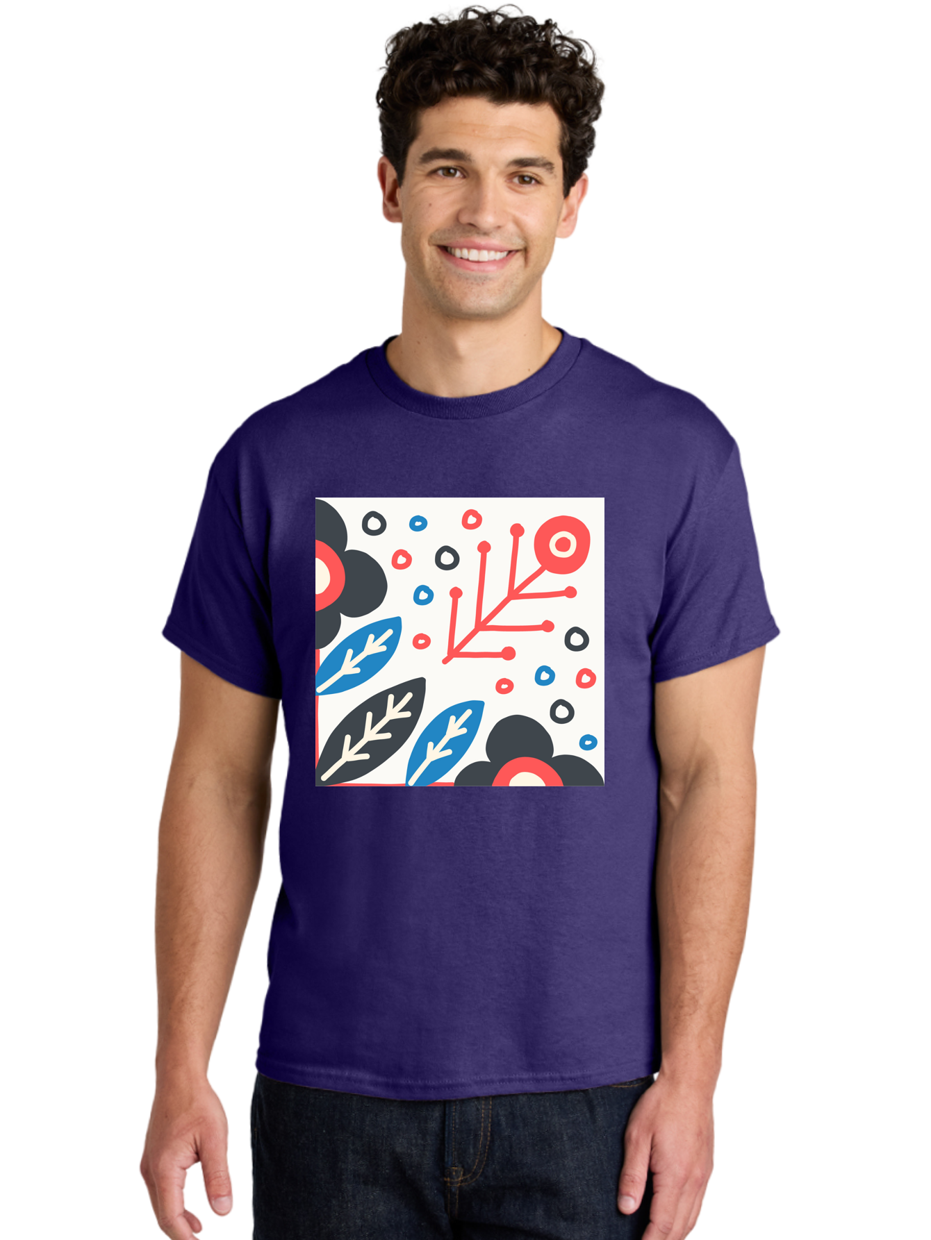 Abstract-Floral-Pattern Men'S Graphic Tee, 100% Cotton, Comfortable Casual Summer Wear, Machine Washable, Stylized Floral Pattern, Abstract Design, Red, Blue, Black, And White Hues, Leafy Elements, Circular Motifs, Modern Art, Graphic Design, Aab652 12