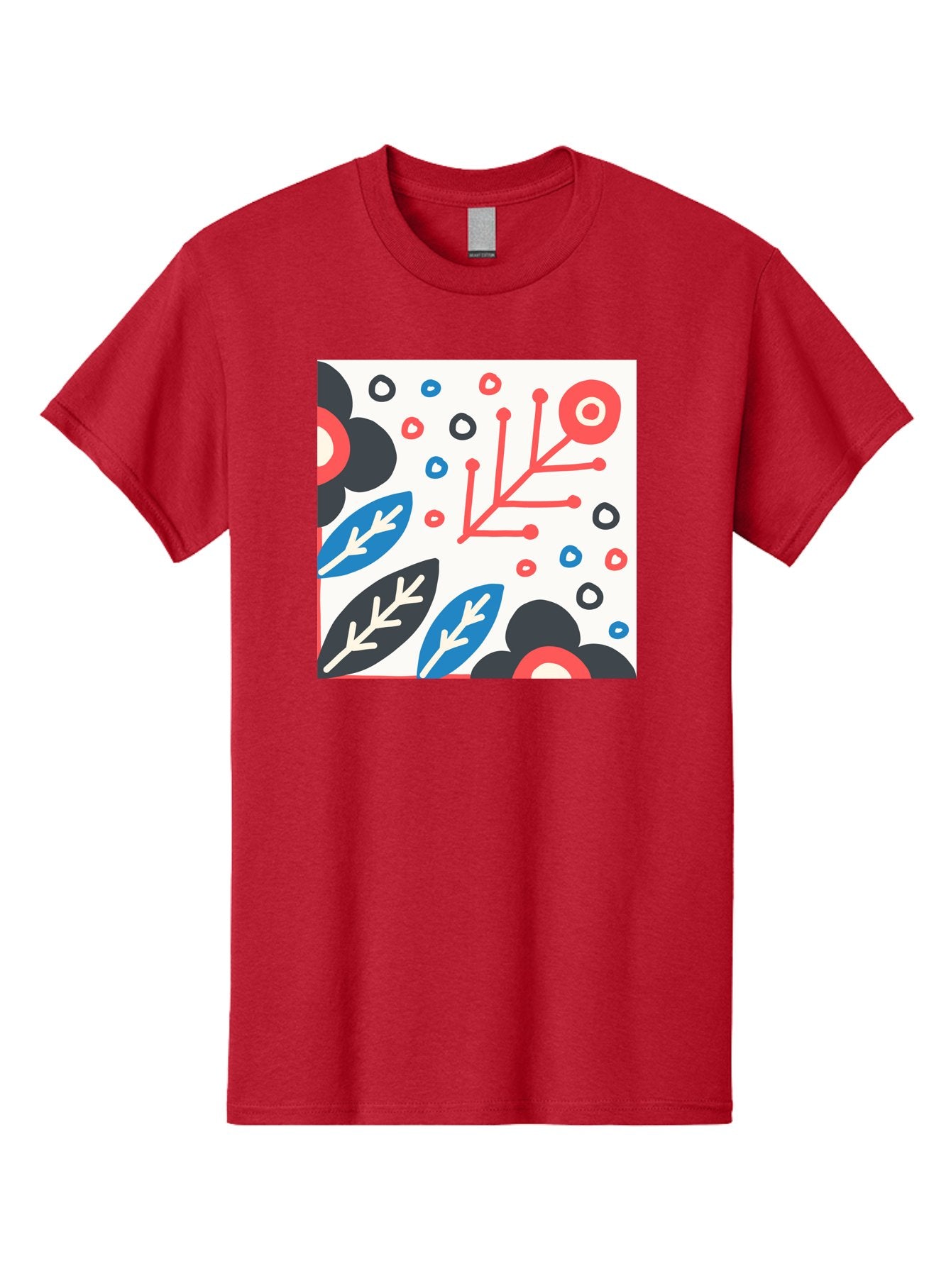 Abstract-Floral-Pattern Men'S Graphic Tee, 100% Cotton, Comfortable Casual Summer Wear, Machine Washable, Stylized Floral Pattern, Abstract Design, Red, Blue, Black, And White Hues, Leafy Elements, Circular Motifs, Modern Art, Graphic Design, Aab652 6