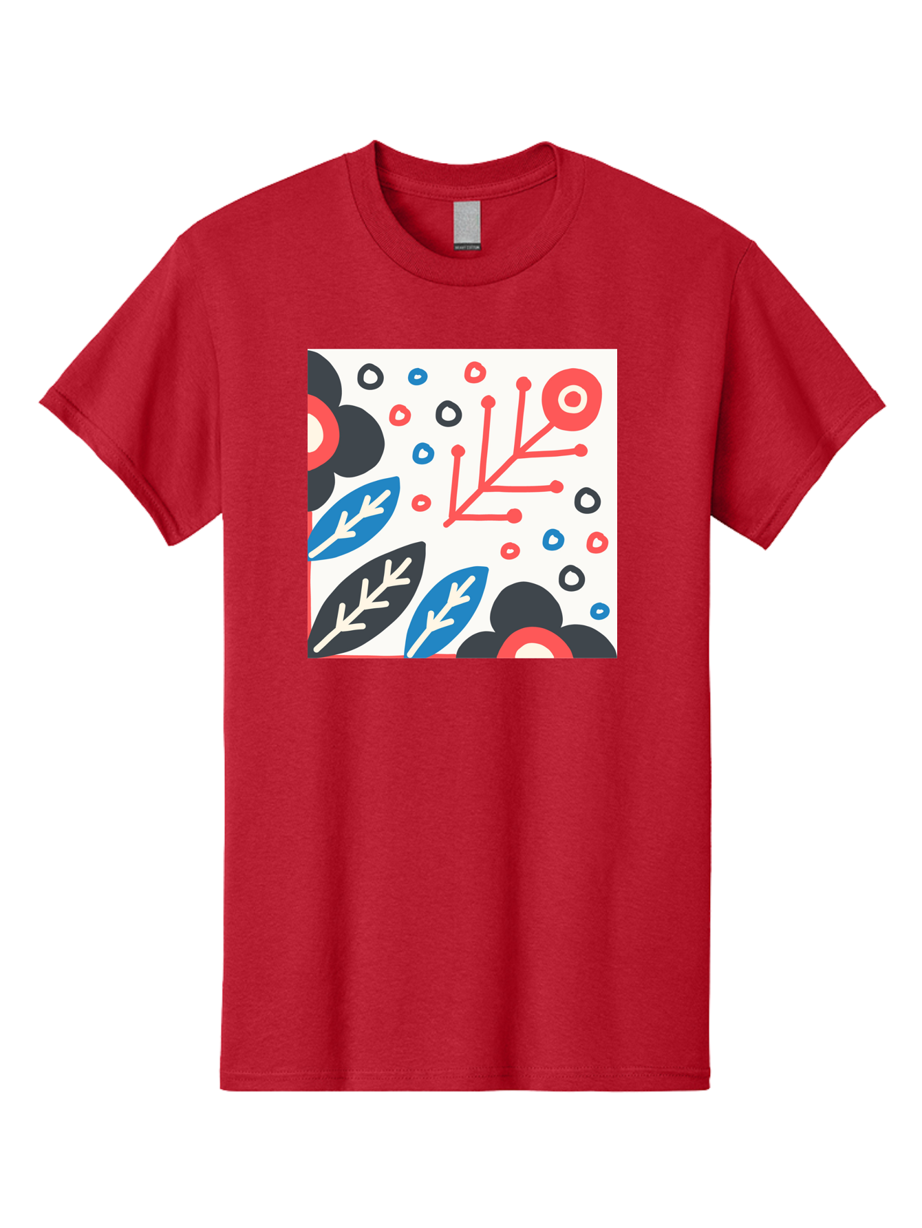 Abstract-Floral-Pattern Men'S Graphic Tee, 100% Cotton, Comfortable Casual Summer Wear, Machine Washable, Stylized Floral Pattern, Abstract Design, Red, Blue, Black, And White Hues, Leafy Elements, Circular Motifs, Modern Art, Graphic Design, Aab652 13