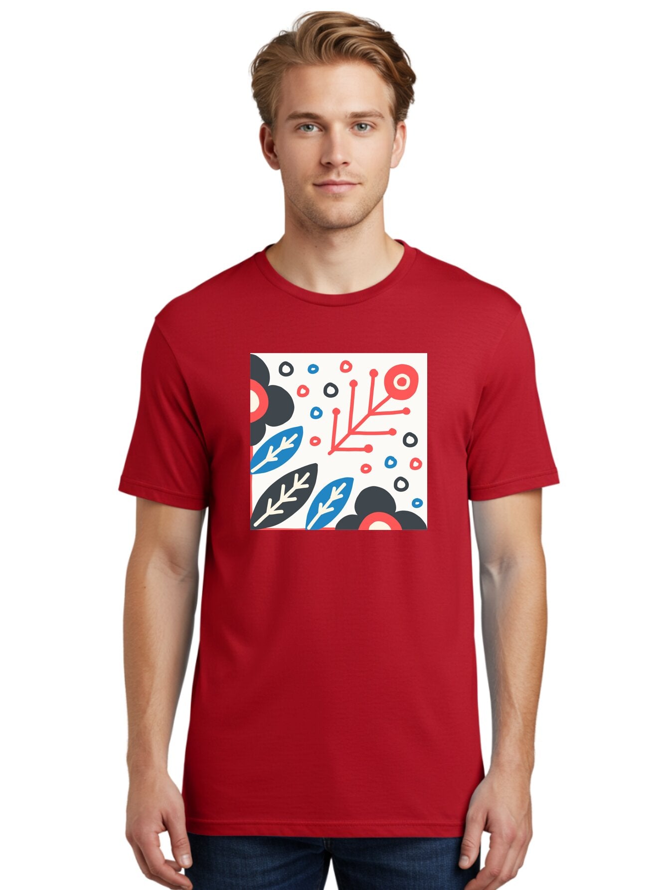 Abstract-Floral-Pattern Men'S Graphic Tee, 100% Cotton, Comfortable Casual Summer Wear, Machine Washable, Stylized Floral Pattern, Abstract Design, Red, Blue, Black, And White Hues, Leafy Elements, Circular Motifs, Modern Art, Graphic Design, Aab652 24