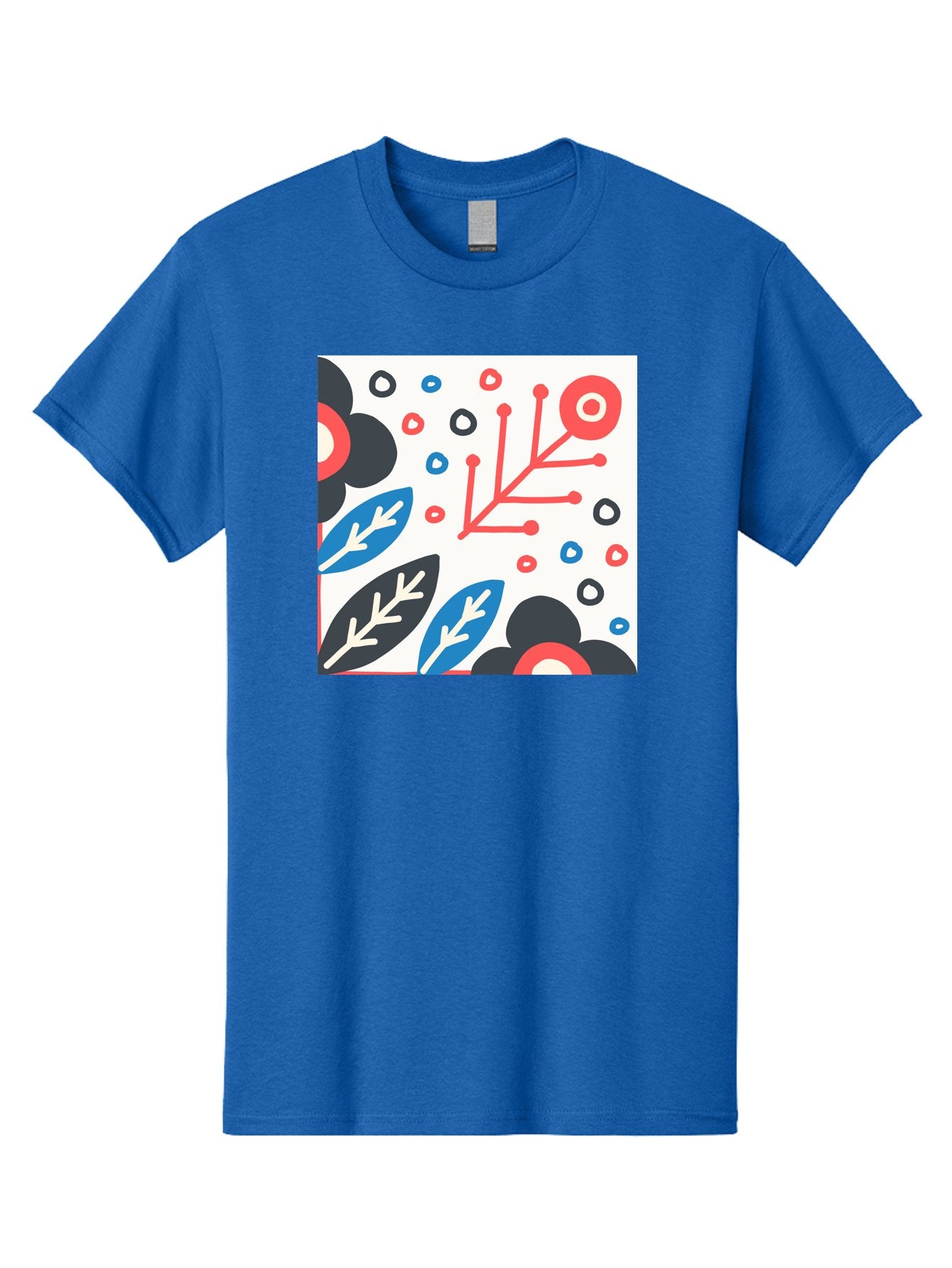 Abstract-Floral-Pattern Men'S Graphic Tee, 100% Cotton, Comfortable Casual Summer Wear, Machine Washable, Stylized Floral Pattern, Abstract Design, Red, Blue, Black, And White Hues, Leafy Elements, Circular Motifs, Modern Art, Graphic Design, Aab652