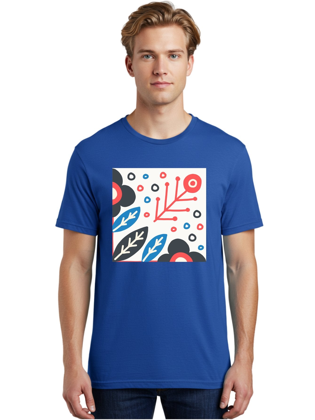 Abstract-Floral-Pattern Men'S Graphic Tee, 100% Cotton, Comfortable Casual Summer Wear, Machine Washable, Stylized Floral Pattern, Abstract Design, Red, Blue, Black, And White Hues, Leafy Elements, Circular Motifs, Modern Art, Graphic Design, Aab652 19