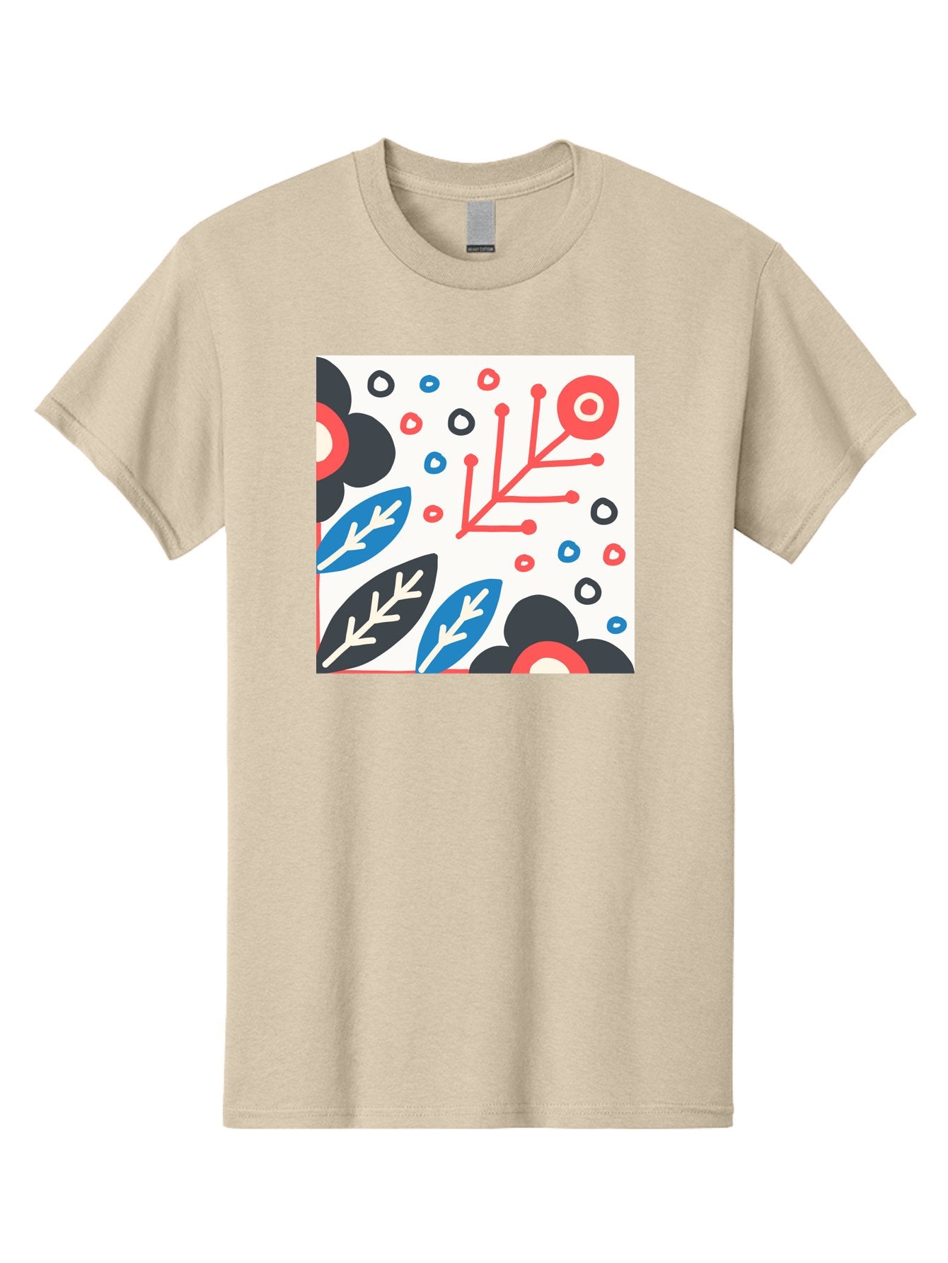 Abstract-Floral-Pattern Men'S Graphic Tee, 100% Cotton, Comfortable Casual Summer Wear, Machine Washable, Stylized Floral Pattern, Abstract Design, Red, Blue, Black, And White Hues, Leafy Elements, Circular Motifs, Modern Art, Graphic Design, Aab652 9