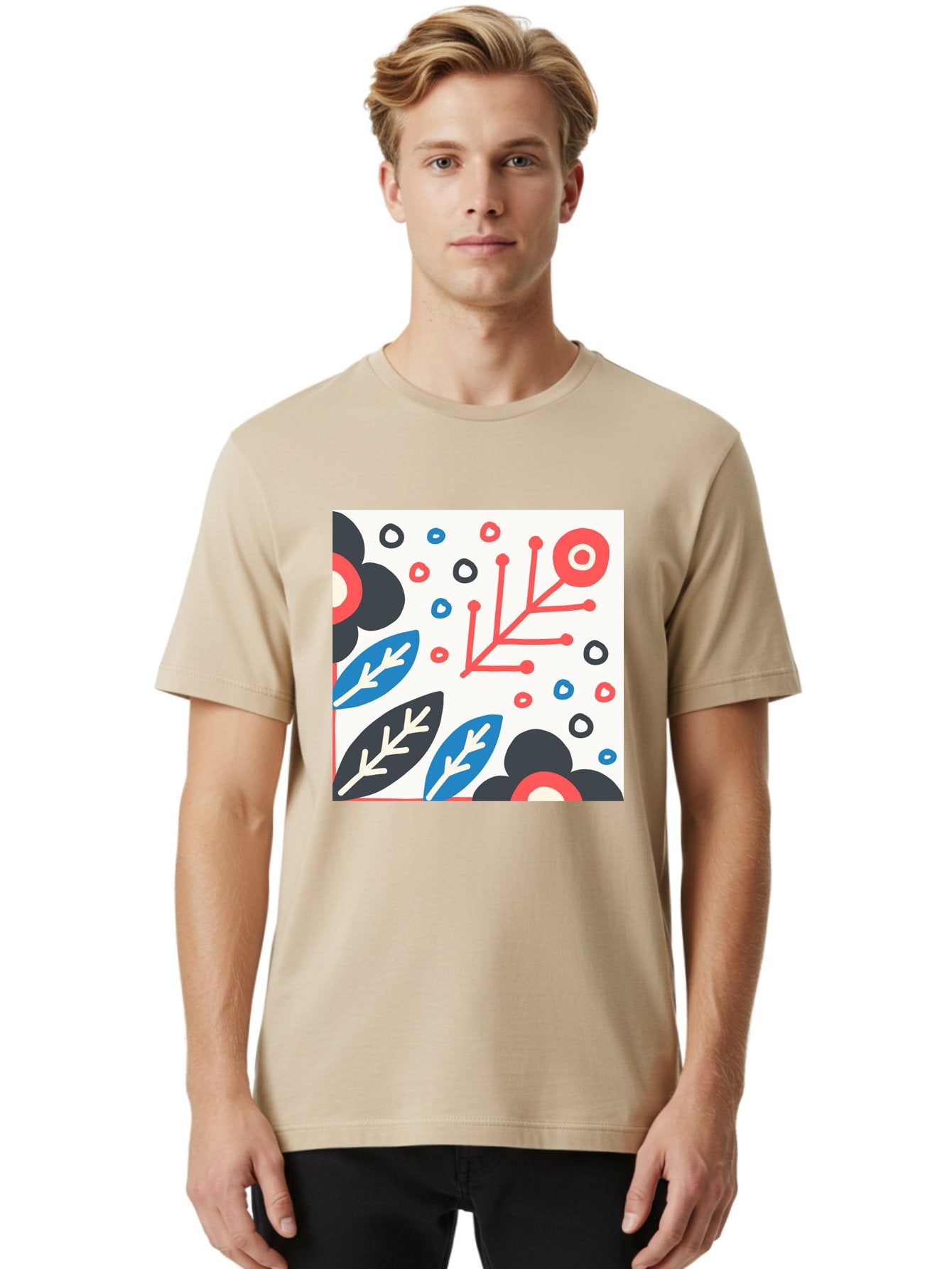 Abstract-Floral-Pattern Men'S Graphic Tee, 100% Cotton, Comfortable Casual Summer Wear, Machine Washable, Stylized Floral Pattern, Abstract Design, Red, Blue, Black, And White Hues, Leafy Elements, Circular Motifs, Modern Art, Graphic Design, Aab652 26
