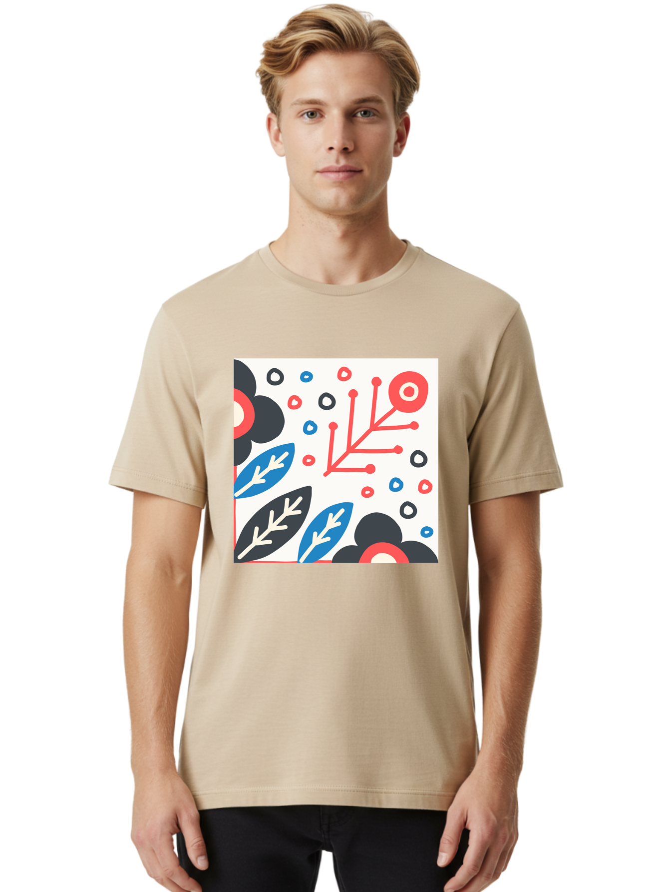 Abstract-Floral-Pattern Men'S Graphic Tee, 100% Cotton, Comfortable Casual Summer Wear, Machine Washable, Stylized Floral Pattern, Abstract Design, Red, Blue, Black, And White Hues, Leafy Elements, Circular Motifs, Modern Art, Graphic Design, Aab652 10