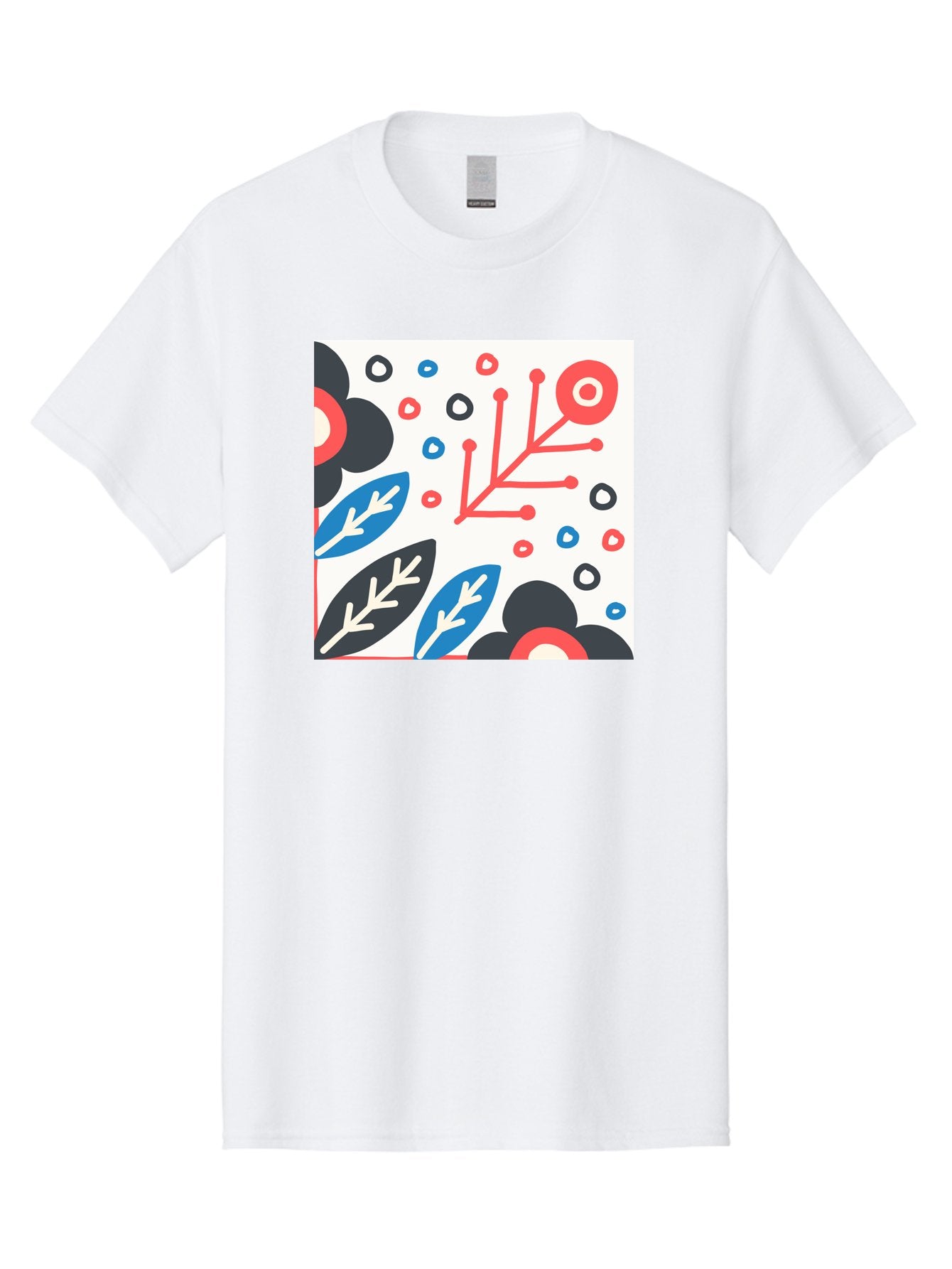 Abstract-Floral-Pattern Men'S Graphic Tee, 100% Cotton, Comfortable Casual Summer Wear, Machine Washable, Stylized Floral Pattern, Abstract Design, Red, Blue, Black, And White Hues, Leafy Elements, Circular Motifs, Modern Art, Graphic Design, Aab652 10