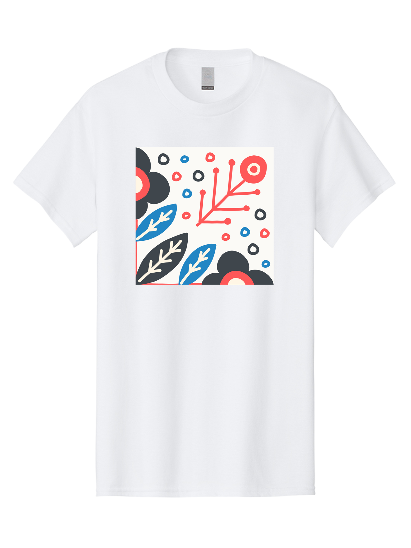 Abstract-Floral-Pattern Men'S Graphic Tee, 100% Cotton, Comfortable Casual Summer Wear, Machine Washable, Stylized Floral Pattern, Abstract Design, Red, Blue, Black, And White Hues, Leafy Elements, Circular Motifs, Modern Art, Graphic Design, Aab652 27