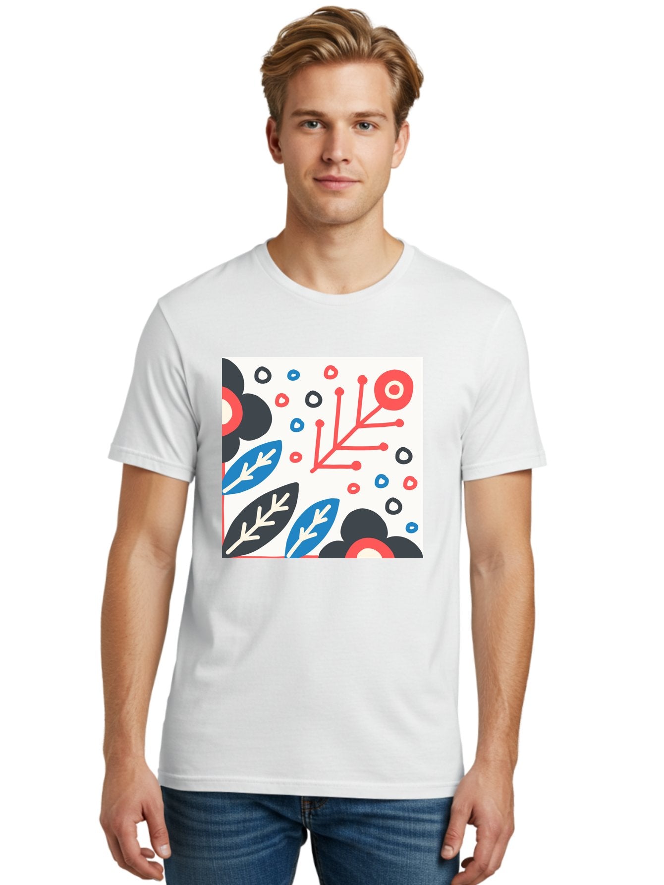 Abstract-Floral-Pattern Men'S Graphic Tee, 100% Cotton, Comfortable Casual Summer Wear, Machine Washable, Stylized Floral Pattern, Abstract Design, Red, Blue, Black, And White Hues, Leafy Elements, Circular Motifs, Modern Art, Graphic Design, Aab652 17