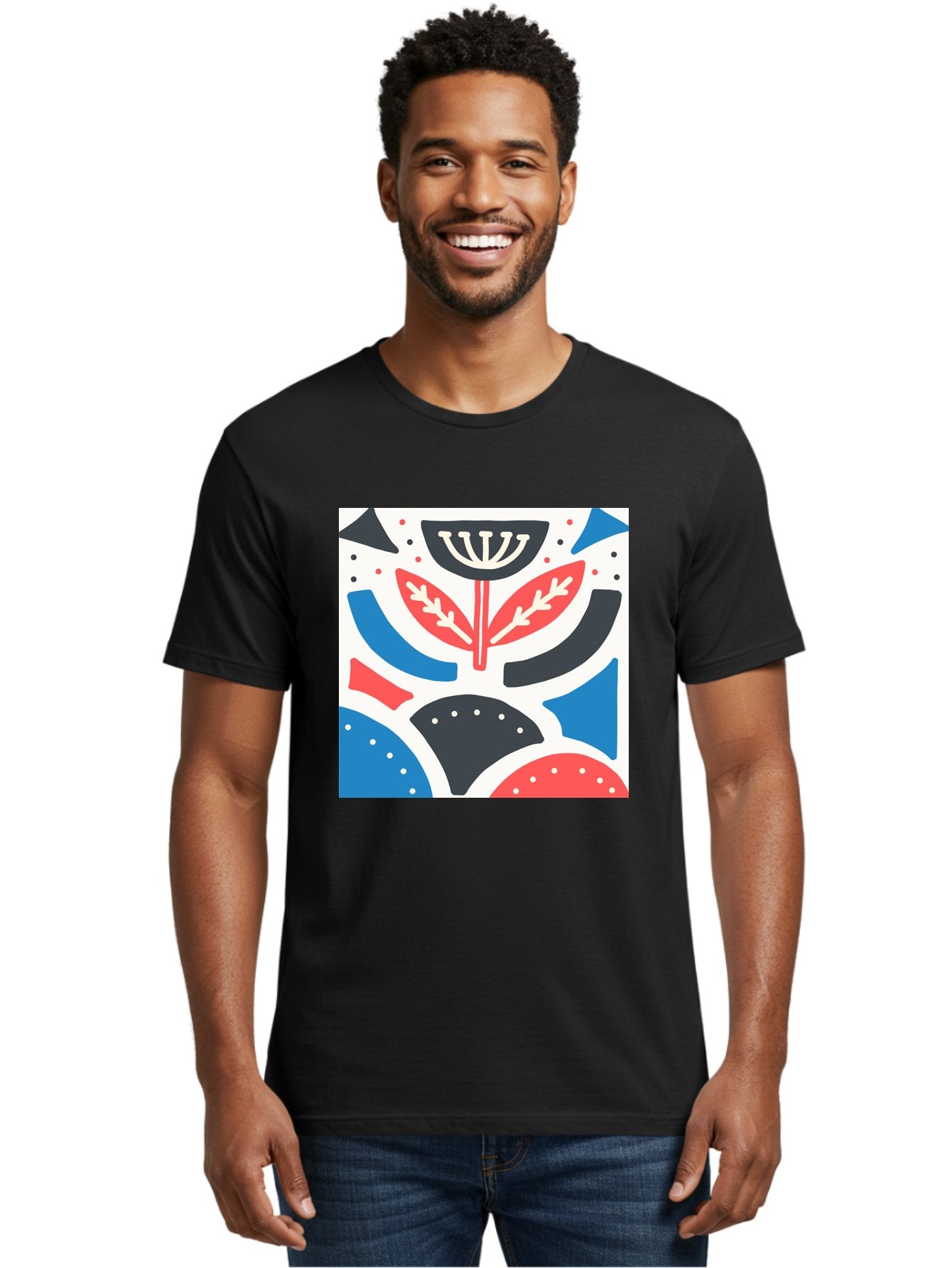 Abstract-Flower-1 Men'S Graphic Tee, 100% Cotton, Comfortable Casual Summer Wear, Machine Washable, Stylized Flower, Abstract Shapes, Red And Blue Hues, Black And White Accents, Modern Art, Graphic Design, Artistic Expression, Aab653 26