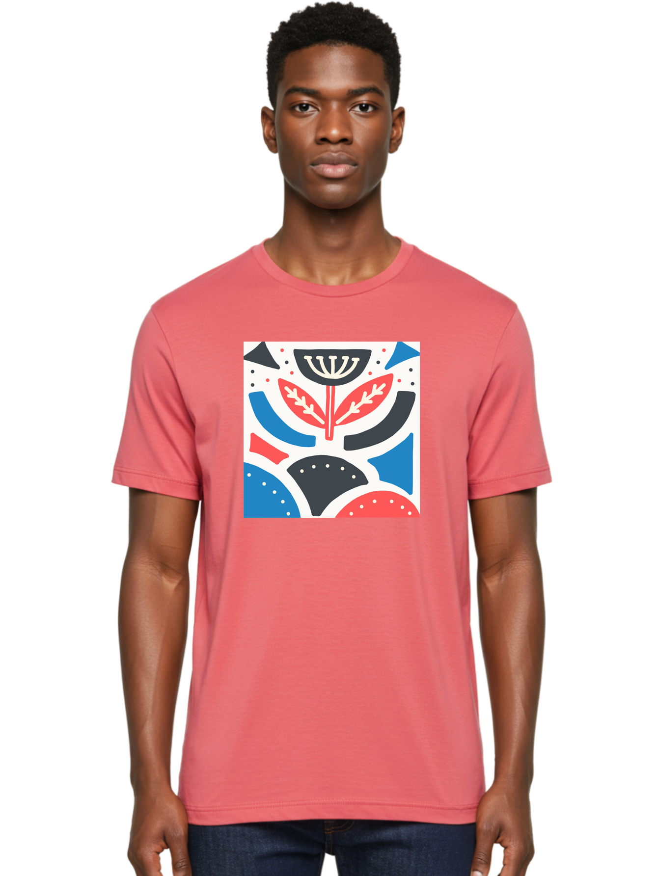 Abstract-Flower-1 Men'S Graphic Tee, 100% Cotton, Comfortable Casual Summer Wear, Machine Washable, Stylized Flower, Abstract Shapes, Red And Blue Hues, Black And White Accents, Modern Art, Graphic Design, Artistic Expression, Aab653