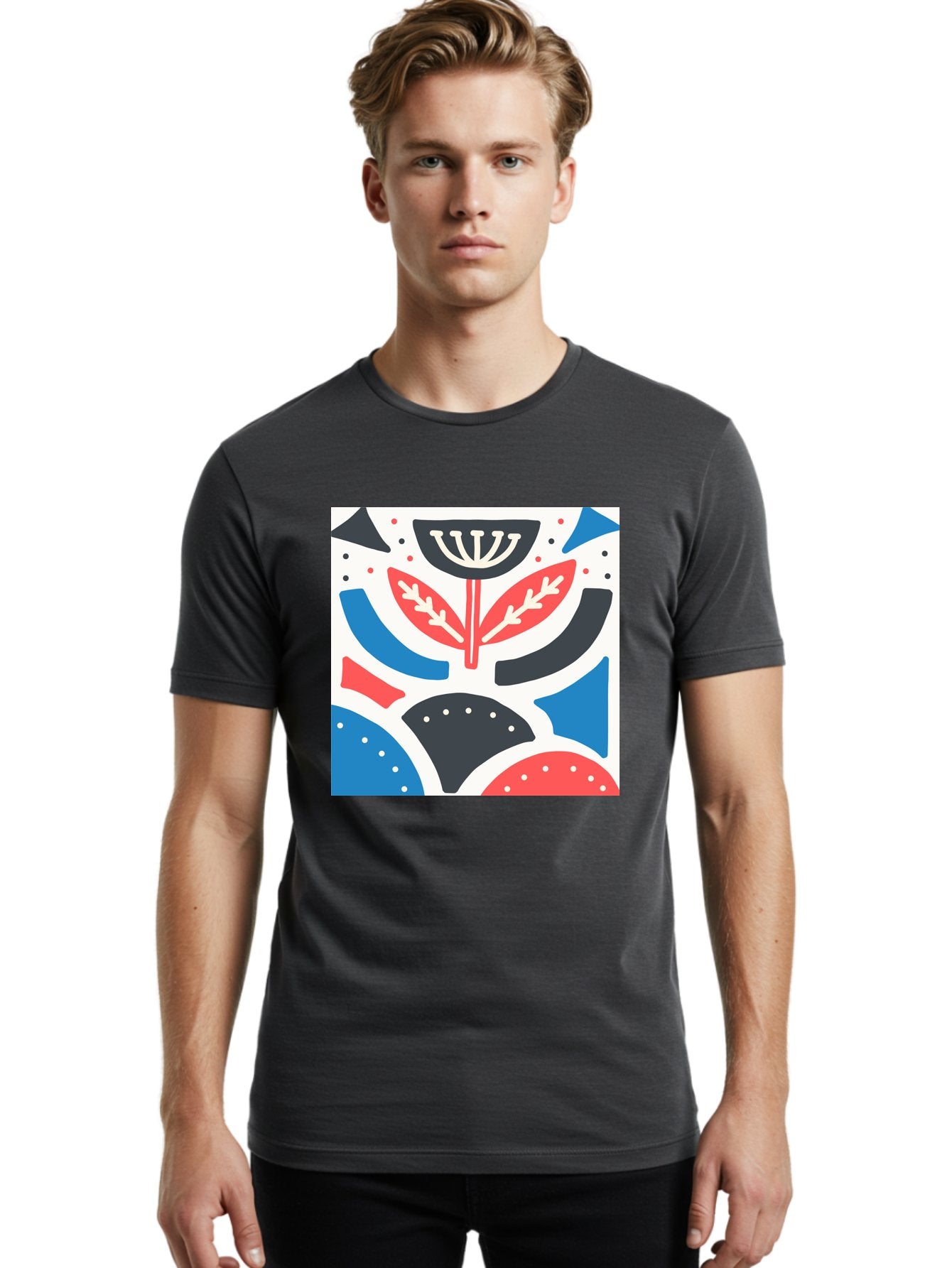 Abstract-Flower-1 Men'S Graphic Tee, 100% Cotton, Comfortable Casual Summer Wear, Machine Washable, Stylized Flower, Abstract Shapes, Red And Blue Hues, Black And White Accents, Modern Art, Graphic Design, Artistic Expression, Aab653 24