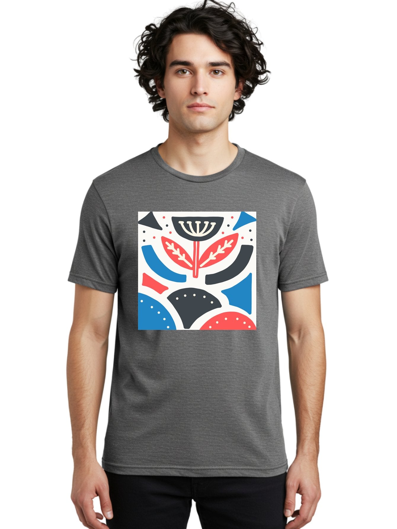 Abstract-Flower-1 Men'S Graphic Tee, 100% Cotton, Comfortable Casual Summer Wear, Machine Washable, Stylized Flower, Abstract Shapes, Red And Blue Hues, Black And White Accents, Modern Art, Graphic Design, Artistic Expression, Aab653 25