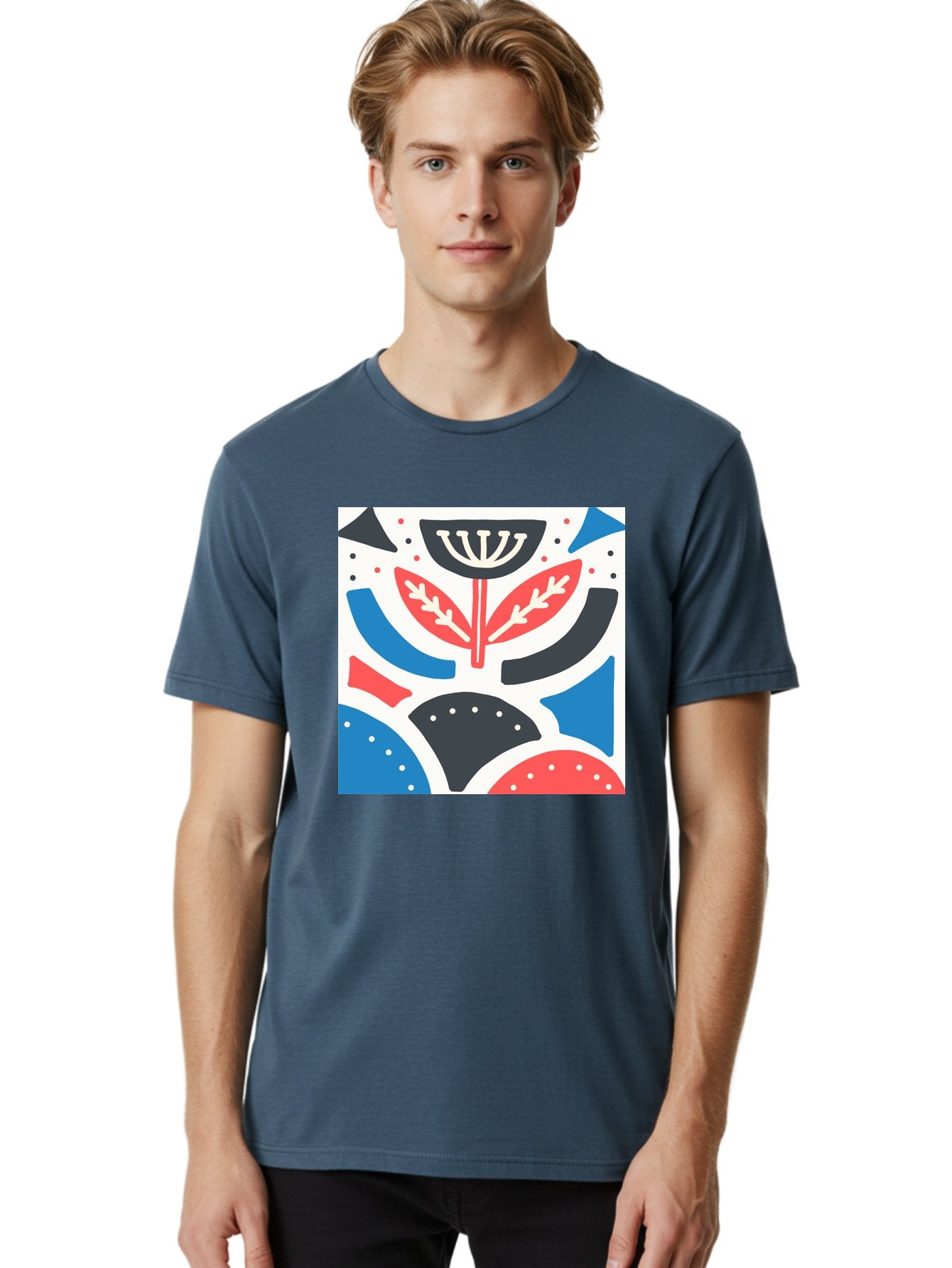 Abstract-Flower-1 Men'S Graphic Tee, 100% Cotton, Comfortable Casual Summer Wear, Machine Washable, Stylized Flower, Abstract Shapes, Red And Blue Hues, Black And White Accents, Modern Art, Graphic Design, Artistic Expression, Aab653 28