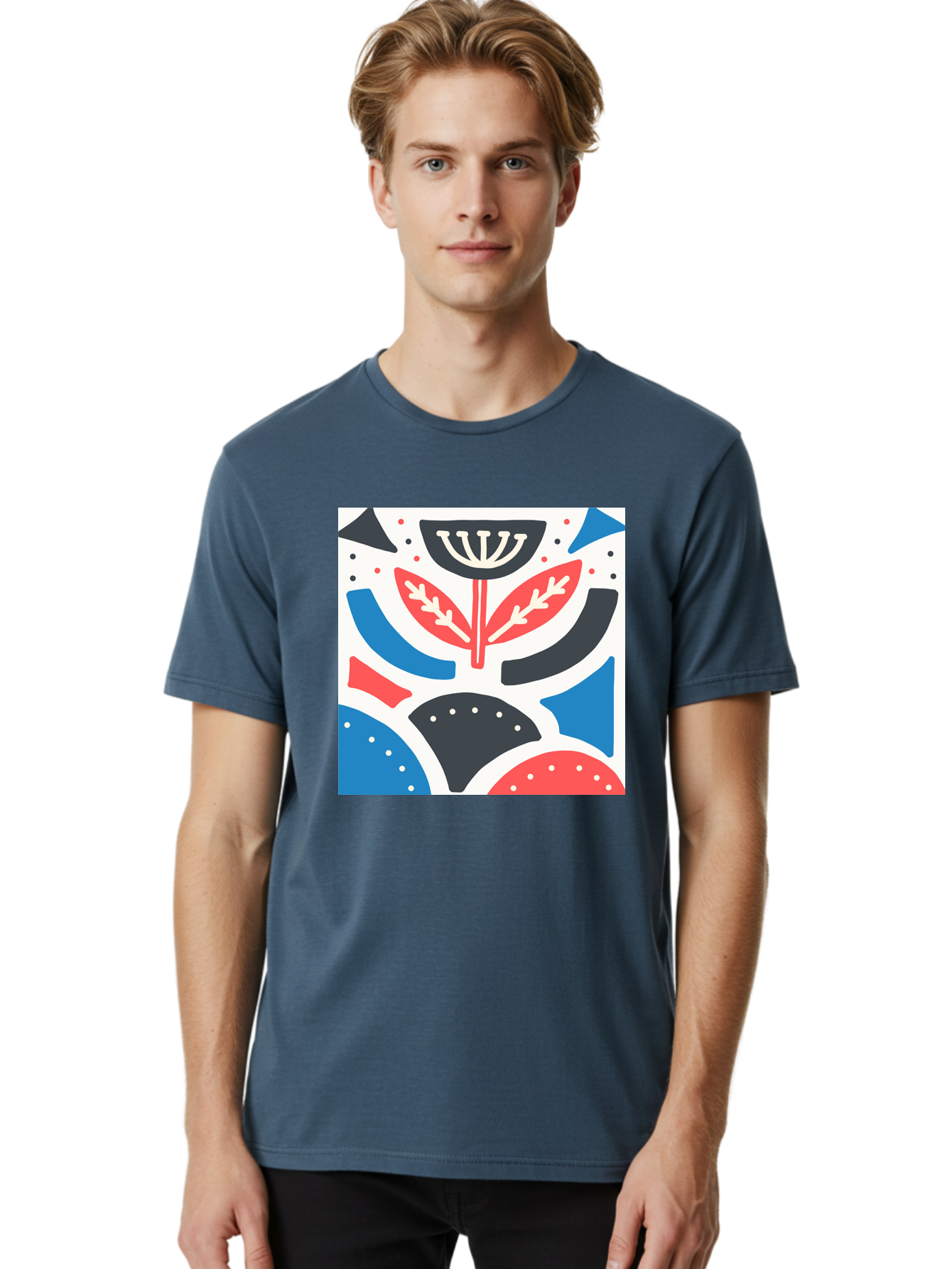 Abstract-Flower-1 Men'S Graphic Tee, 100% Cotton, Comfortable Casual Summer Wear, Machine Washable, Stylized Flower, Abstract Shapes, Red And Blue Hues, Black And White Accents, Modern Art, Graphic Design, Artistic Expression, Aab653 6