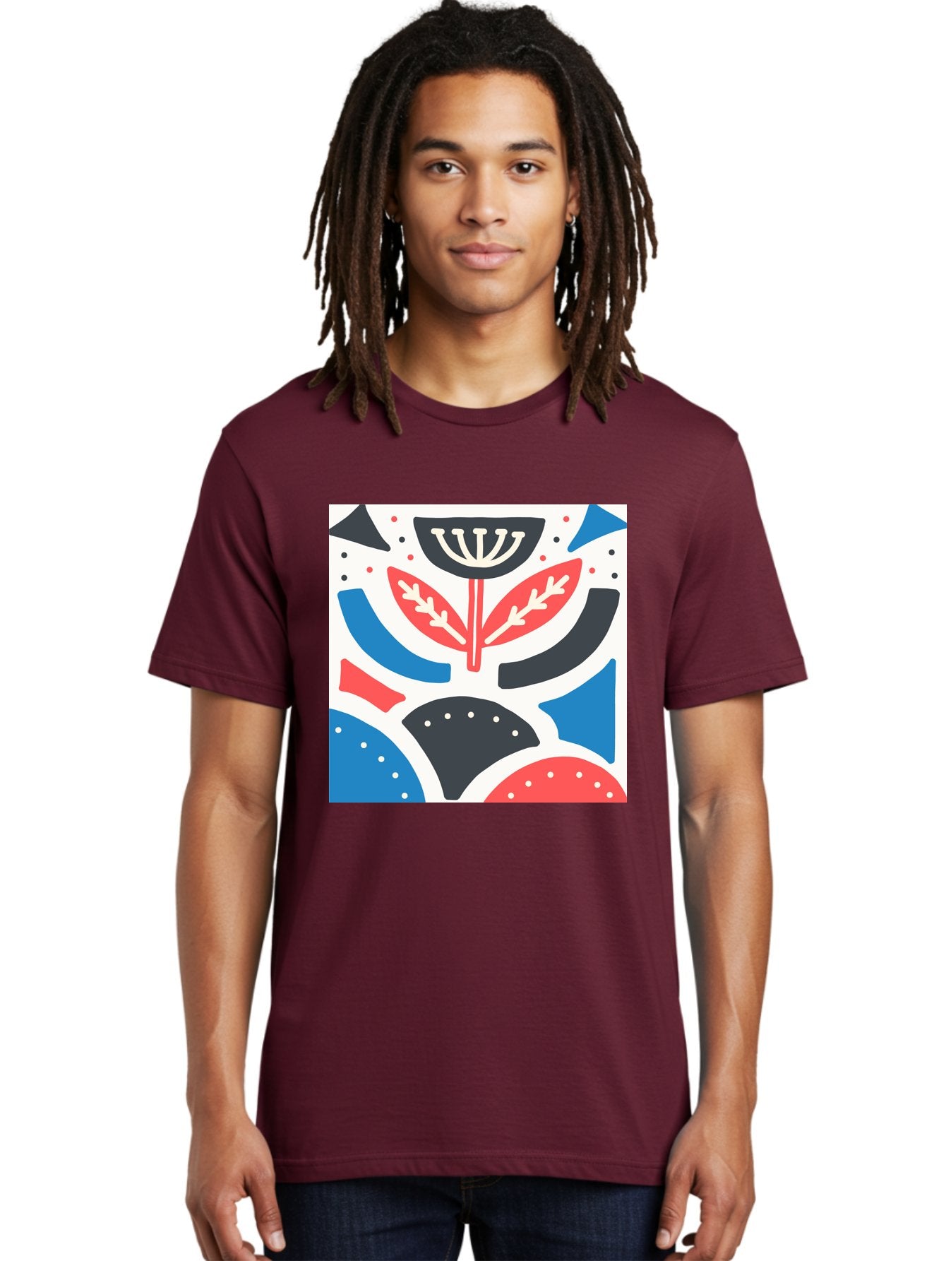 Abstract-Flower-1 Men'S Graphic Tee, 100% Cotton, Comfortable Casual Summer Wear, Machine Washable, Stylized Flower, Abstract Shapes, Red And Blue Hues, Black And White Accents, Modern Art, Graphic Design, Artistic Expression, Aab653 23