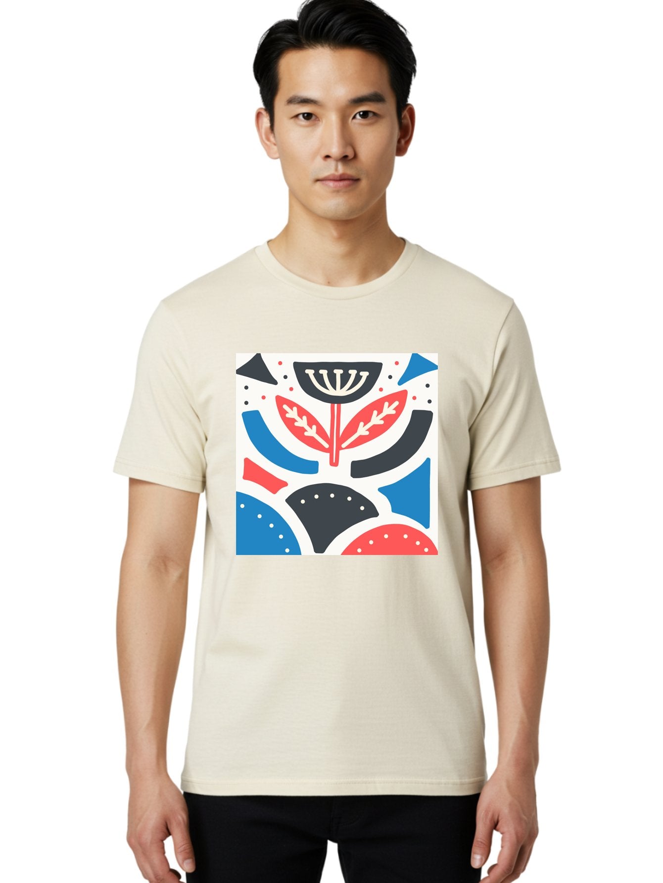 Abstract-Flower-1 Men'S Graphic Tee, 100% Cotton, Comfortable Casual Summer Wear, Machine Washable, Stylized Flower, Abstract Shapes, Red And Blue Hues, Black And White Accents, Modern Art, Graphic Design, Artistic Expression, Aab653 27