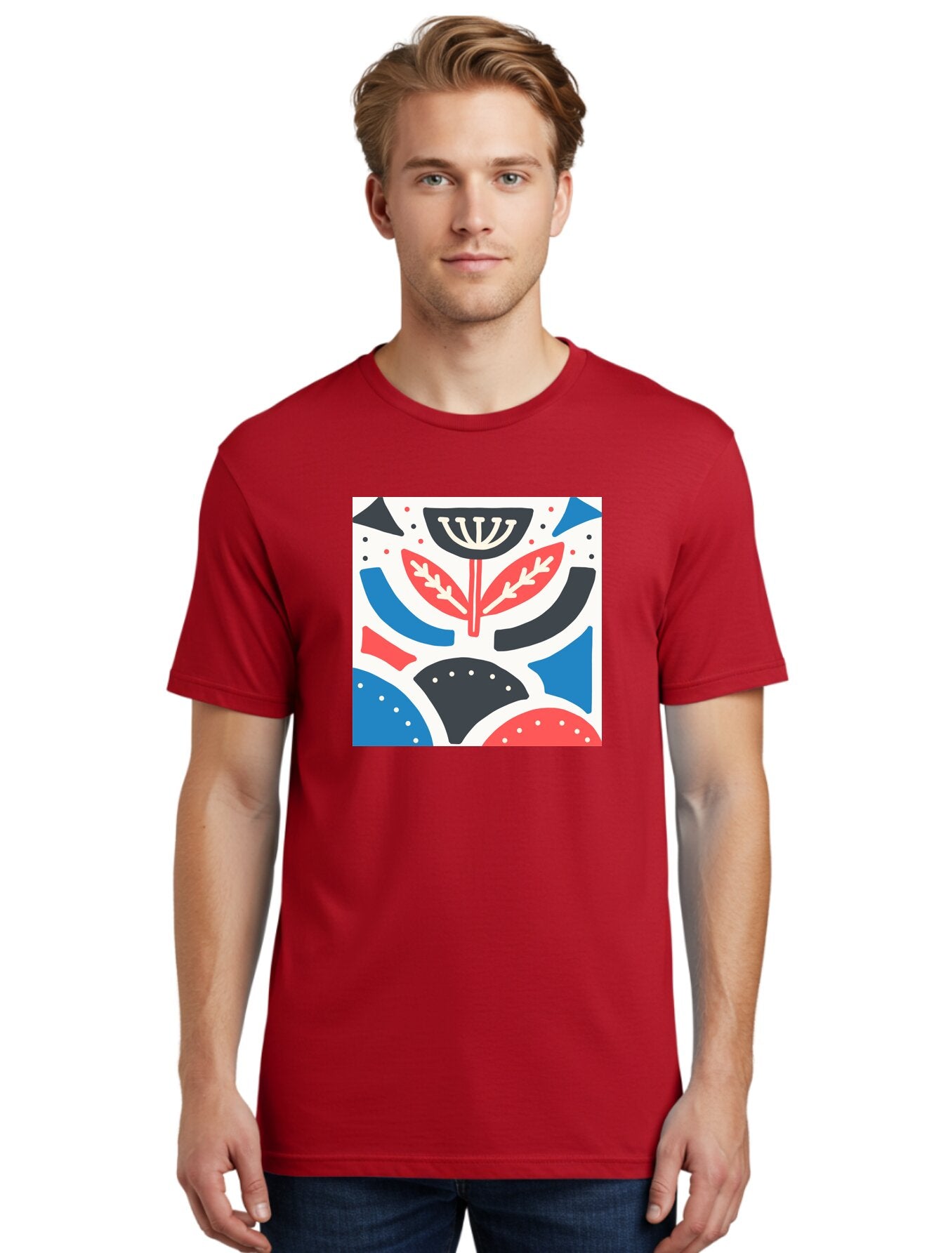 Abstract-Flower-1 Men'S Graphic Tee, 100% Cotton, Comfortable Casual Summer Wear, Machine Washable, Stylized Flower, Abstract Shapes, Red And Blue Hues, Black And White Accents, Modern Art, Graphic Design, Artistic Expression, Aab653 20