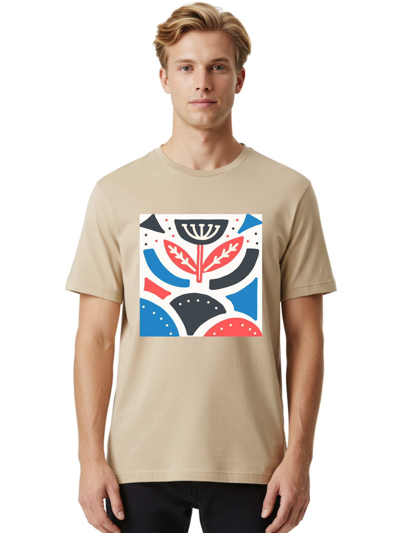 Abstract-Flower-1 Men'S Graphic Tee, 100% Cotton, Comfortable Casual Summer Wear, Machine Washable, Stylized Flower, Abstract Shapes, Red And Blue Hues, Black And White Accents, Modern Art, Graphic Design, Artistic Expression, Aab653 28