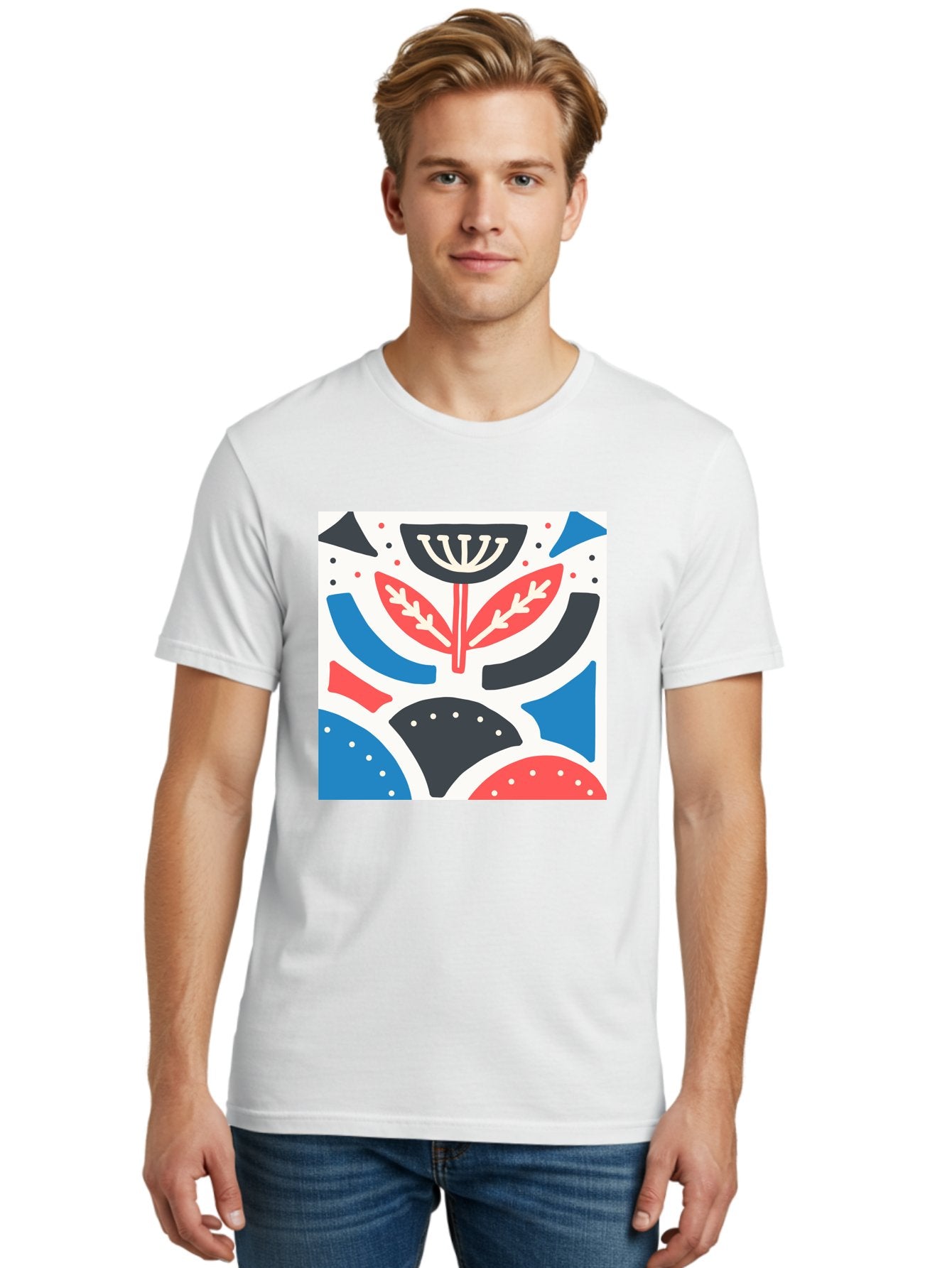 Abstract-Flower-1 Men'S Graphic Tee, 100% Cotton, Comfortable Casual Summer Wear, Machine Washable, Stylized Flower, Abstract Shapes, Red And Blue Hues, Black And White Accents, Modern Art, Graphic Design, Artistic Expression, Aab653 21