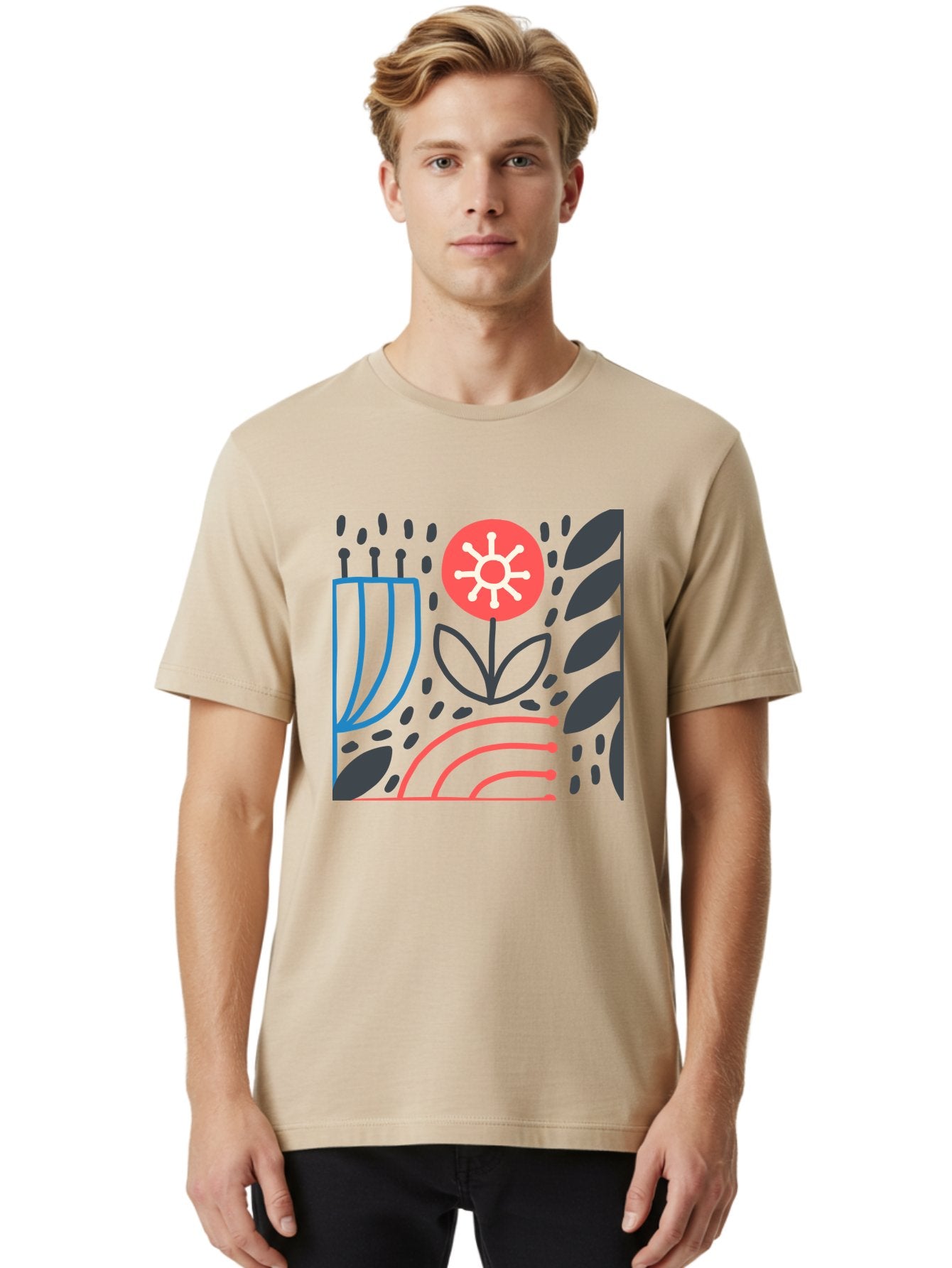 Abstract-Flower Men'S Graphic Tee, 100% Cotton, Comfortable Casual Summer Wear, Machine Washable, Stylish Flower, Abstract Art, Minimalist Design, Simple Shapes, Floral Pattern, Modern Aesthetic, Artistic Expression Aab654 23