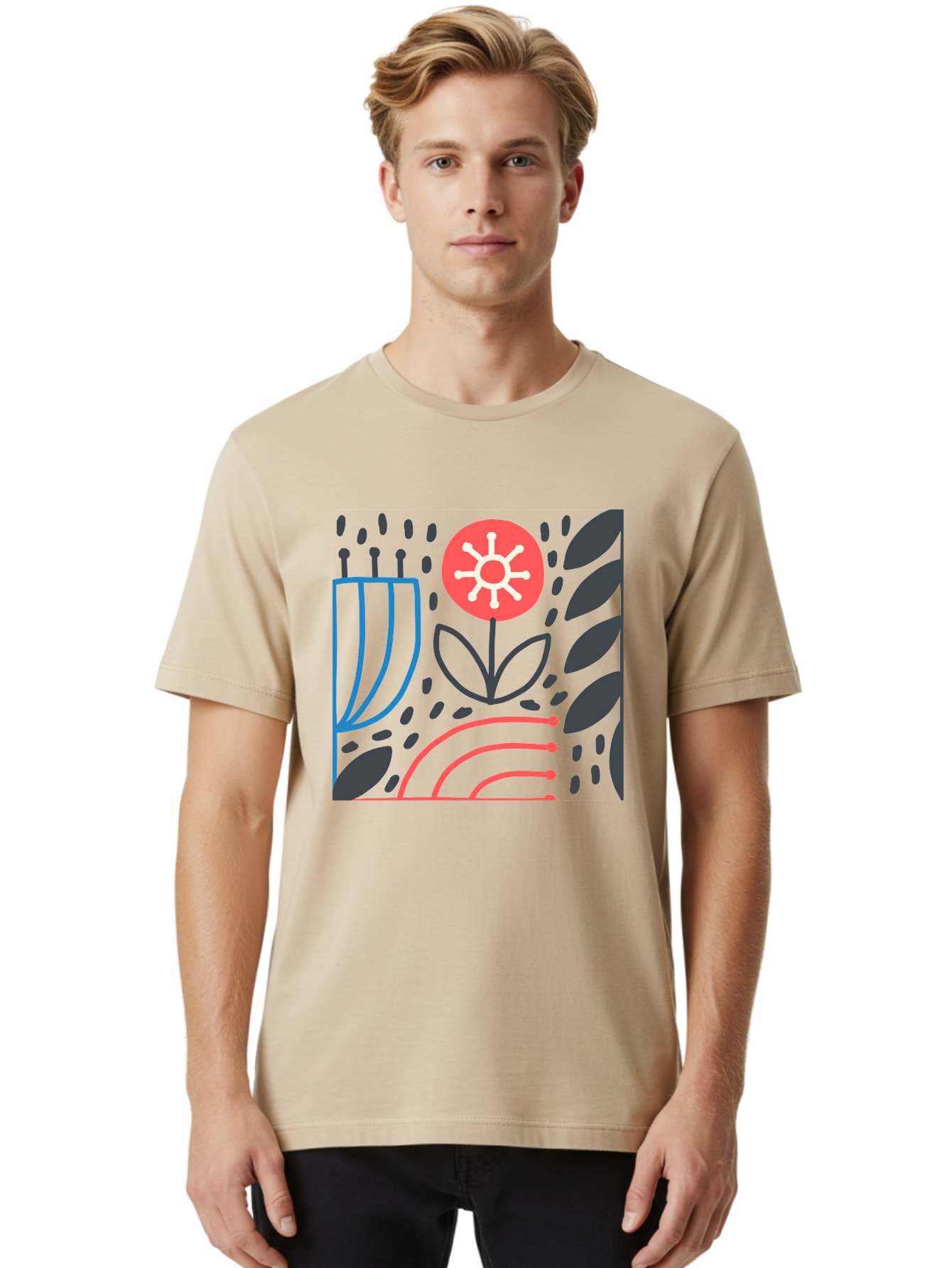Abstract-Flower Men'S Graphic Tee, 100% Cotton, Comfortable Casual Summer Wear, Machine Washable, Stylish Flower, Abstract Art, Minimalist Design, Simple Shapes, Floral Pattern, Modern Aesthetic, Artistic Expression Aab654 16