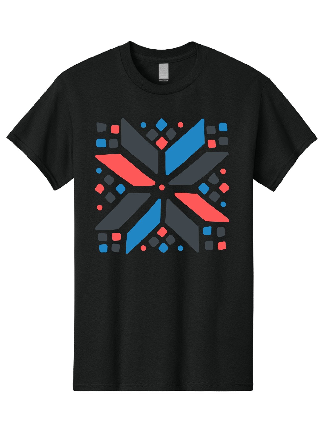 Abstract-Geometric-Pattern Men'S Graphic Tee, 100% Cotton, Comfortable Casual Summer Wear, Machine Washable, Geometric Shapes, Symmetrical Design, Abstract Art, Vibrant Colors, Red, Blue, Black, Bold Graphics, Modern Design, Dynamic Pattern, Aab655