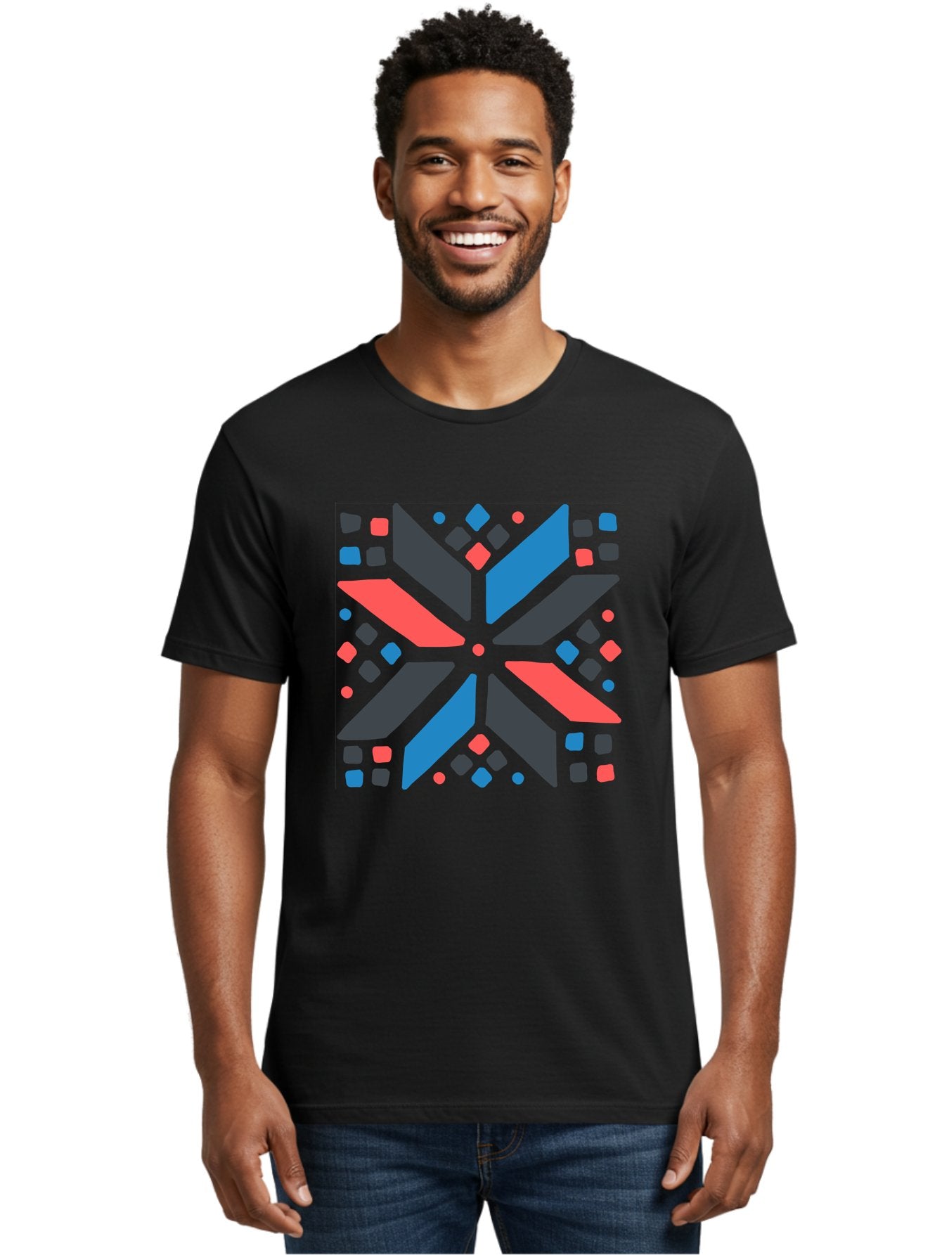 Abstract-Geometric-Pattern Men'S Graphic Tee, 100% Cotton, Comfortable Casual Summer Wear, Machine Washable, Geometric Shapes, Symmetrical Design, Abstract Art, Vibrant Colors, Red, Blue, Black, Bold Graphics, Modern Design, Dynamic Pattern, Aab655 21