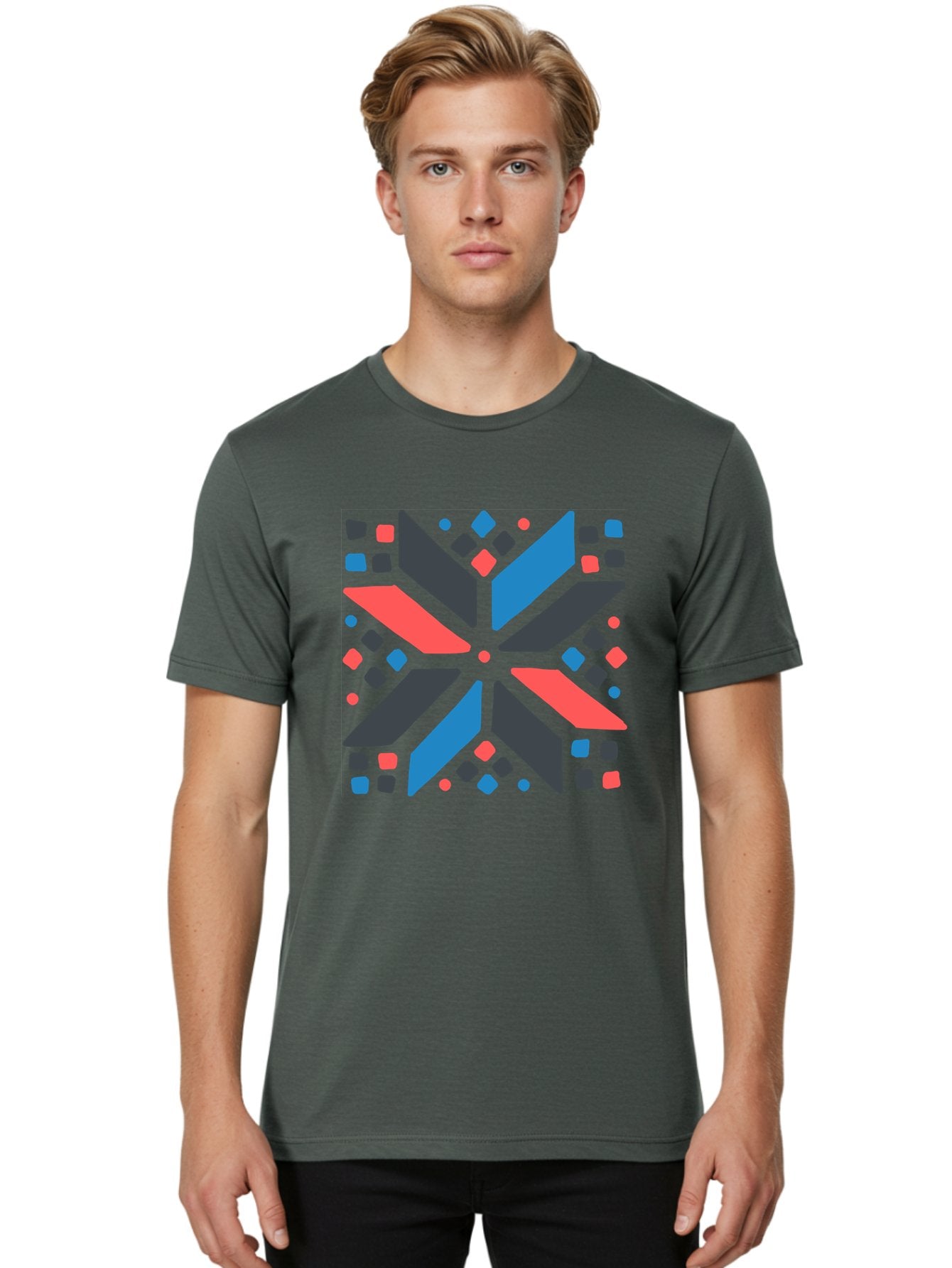 Abstract-Geometric-Pattern Men'S Graphic Tee, 100% Cotton, Comfortable Casual Summer Wear, Machine Washable, Geometric Shapes, Symmetrical Design, Abstract Art, Vibrant Colors, Red, Blue, Black, Bold Graphics, Modern Design, Dynamic Pattern, Aab655 24
