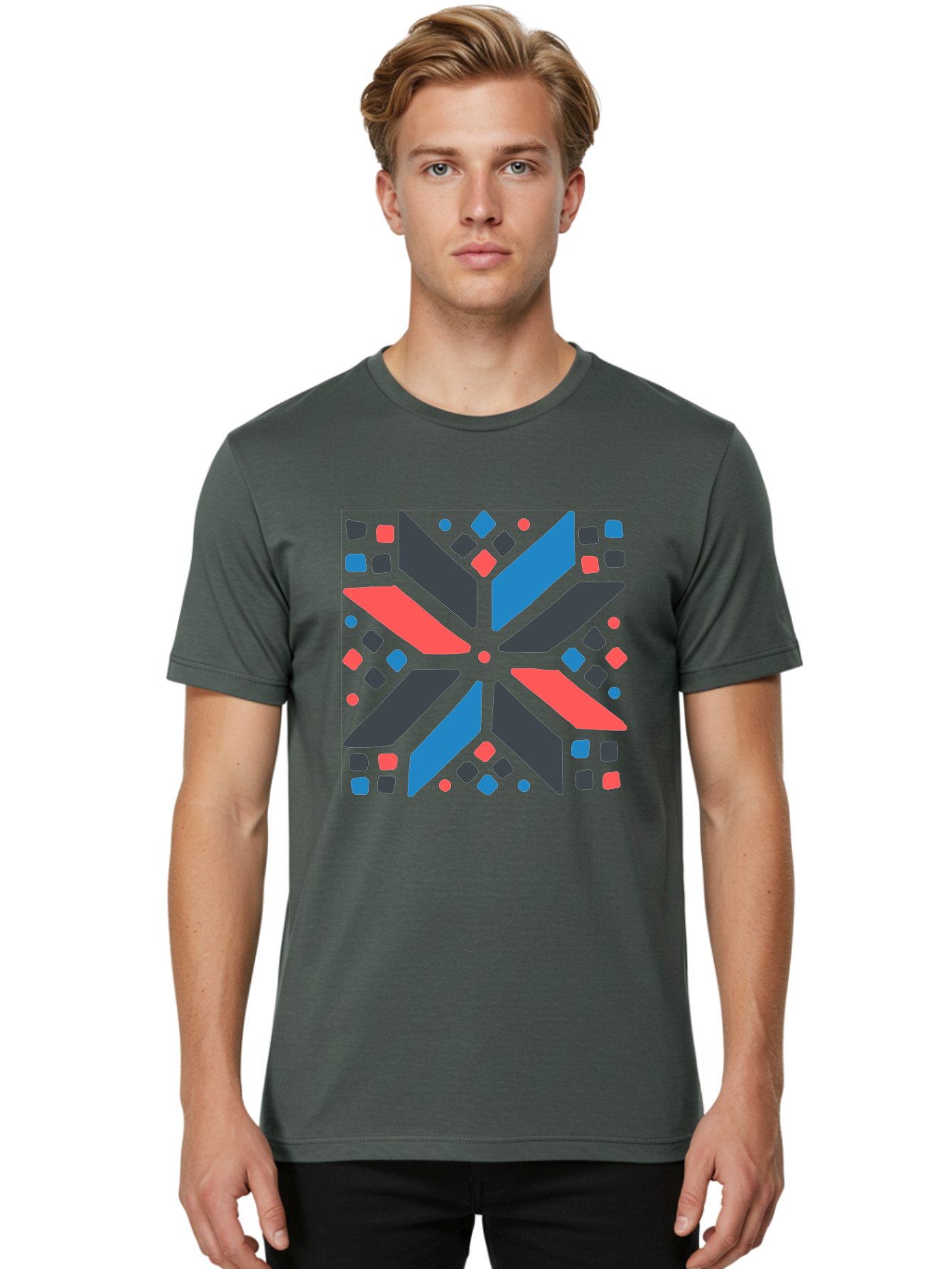 Abstract-Geometric-Pattern Men'S Graphic Tee, 100% Cotton, Comfortable Casual Summer Wear, Machine Washable, Geometric Shapes, Symmetrical Design, Abstract Art, Vibrant Colors, Red, Blue, Black, Bold Graphics, Modern Design, Dynamic Pattern, Aab655 14