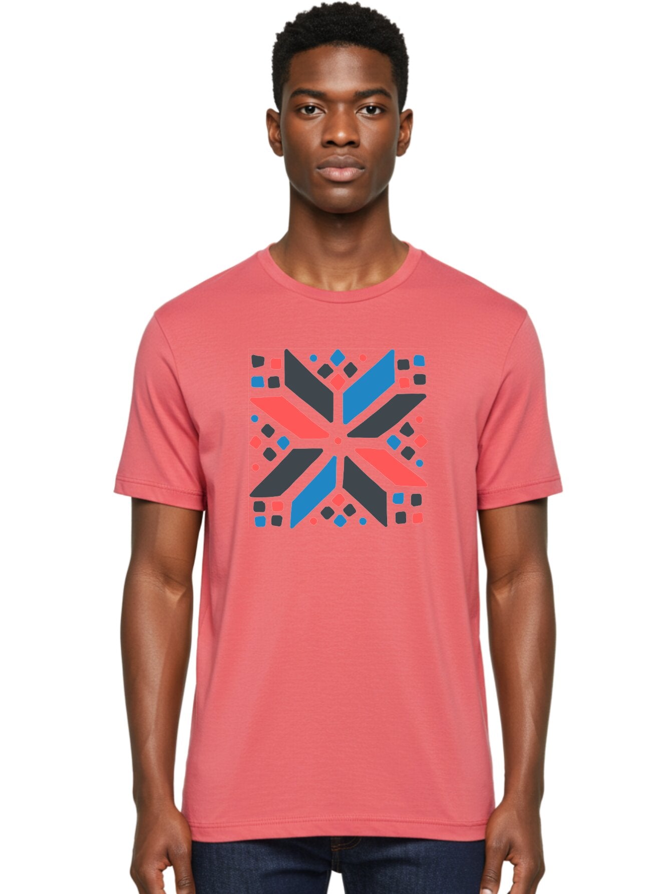 Abstract-Geometric-Pattern Men'S Graphic Tee, 100% Cotton, Comfortable Casual Summer Wear, Machine Washable, Geometric Shapes, Symmetrical Design, Abstract Art, Vibrant Colors, Red, Blue, Black, Bold Graphics, Modern Design, Dynamic Pattern, Aab655 26