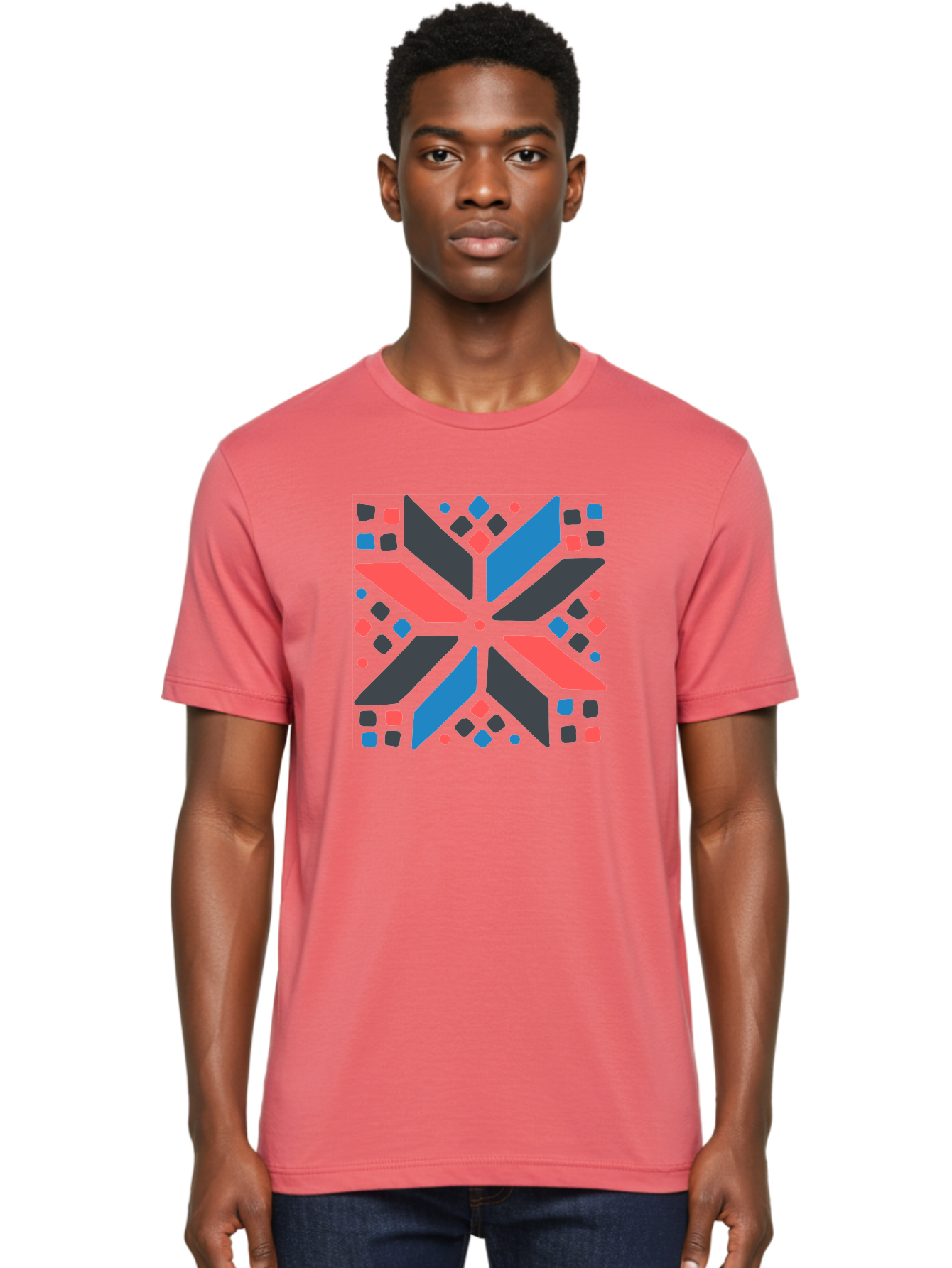 Abstract-Geometric-Pattern Men'S Graphic Tee, 100% Cotton, Comfortable Casual Summer Wear, Machine Washable, Geometric Shapes, Symmetrical Design, Abstract Art, Vibrant Colors, Red, Blue, Black, Bold Graphics, Modern Design, Dynamic Pattern, Aab655 10
