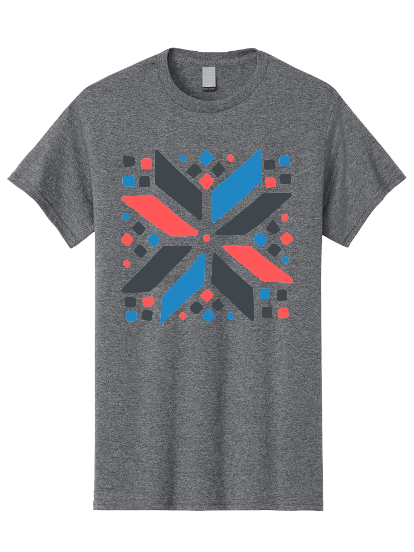 Abstract-Geometric-Pattern Men'S Graphic Tee, 100% Cotton, Comfortable Casual Summer Wear, Machine Washable, Geometric Shapes, Symmetrical Design, Abstract Art, Vibrant Colors, Red, Blue, Black, Bold Graphics, Modern Design, Dynamic Pattern, Aab655