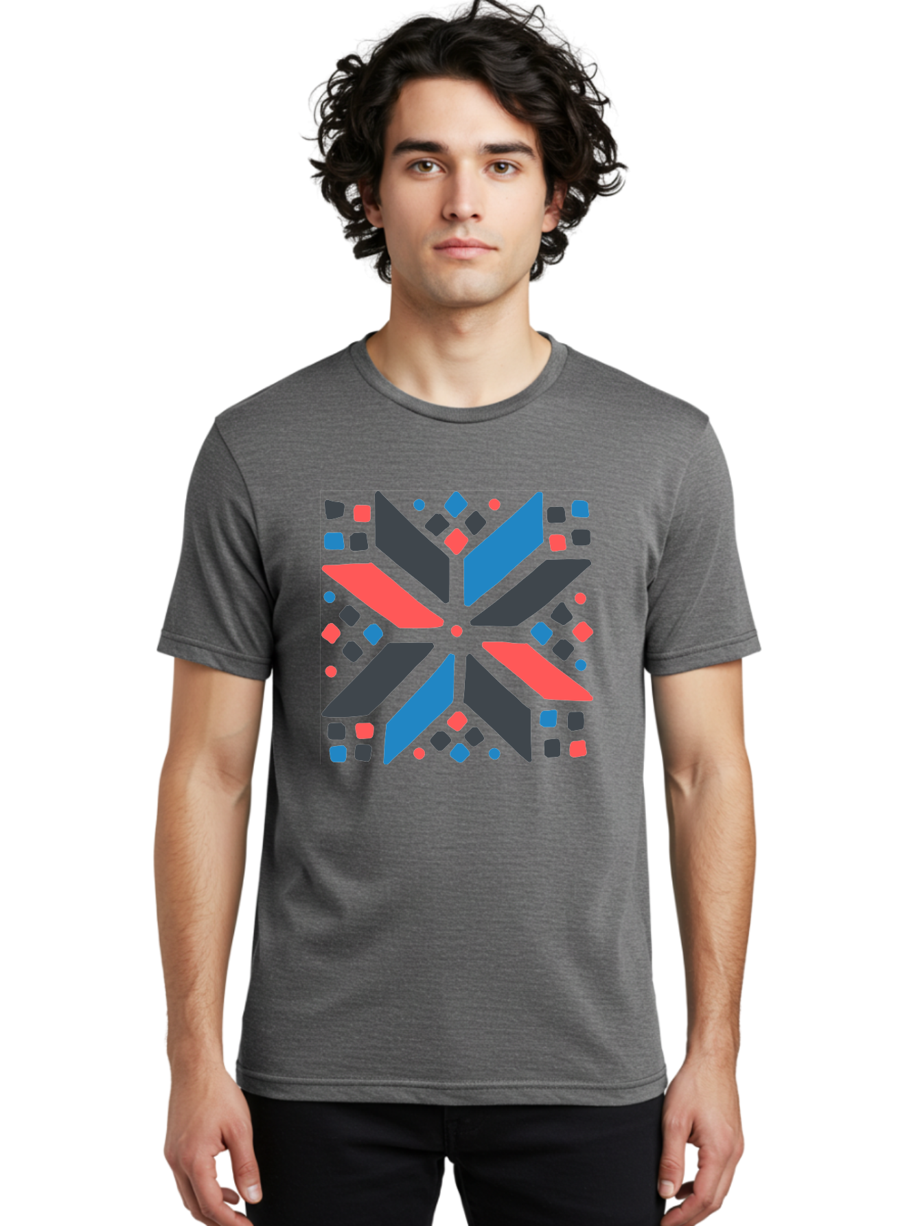 Abstract-Geometric-Pattern Men'S Graphic Tee, 100% Cotton, Comfortable Casual Summer Wear, Machine Washable, Geometric Shapes, Symmetrical Design, Abstract Art, Vibrant Colors, Red, Blue, Black, Bold Graphics, Modern Design, Dynamic Pattern, Aab655