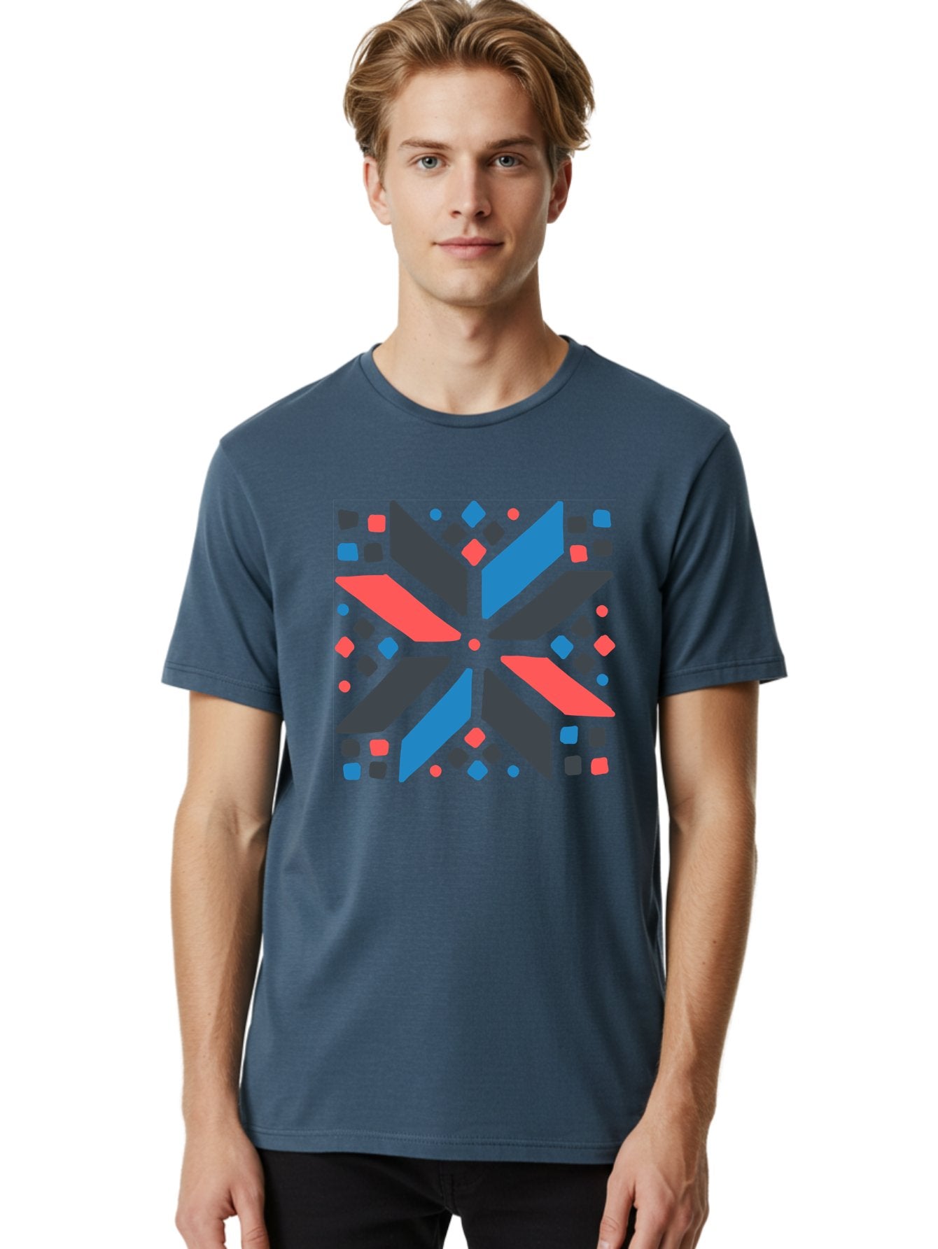 Abstract-Geometric-Pattern Men'S Graphic Tee, 100% Cotton, Comfortable Casual Summer Wear, Machine Washable, Geometric Shapes, Symmetrical Design, Abstract Art, Vibrant Colors, Red, Blue, Black, Bold Graphics, Modern Design, Dynamic Pattern, Aab655 18