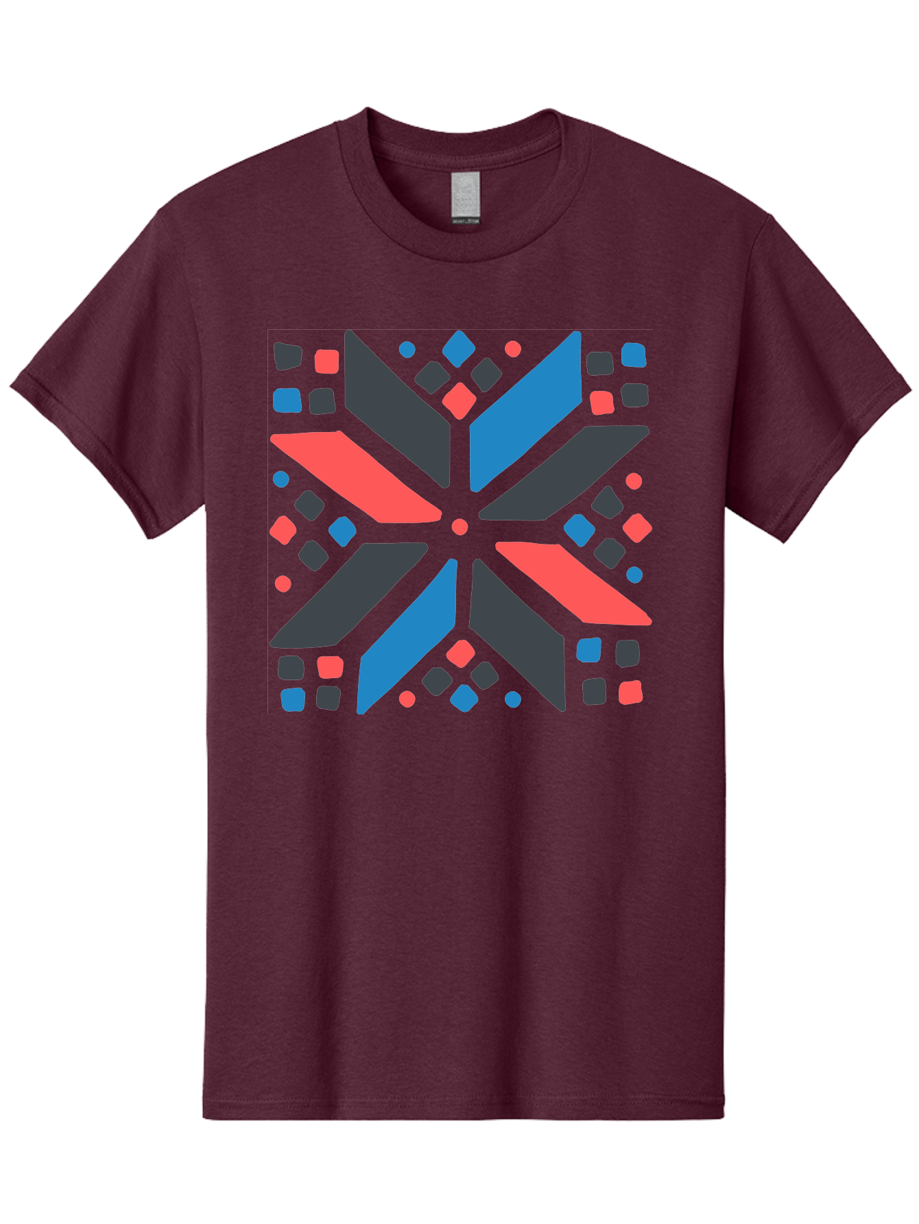 Abstract-Geometric-Pattern Men'S Graphic Tee, 100% Cotton, Comfortable Casual Summer Wear, Machine Washable, Geometric Shapes, Symmetrical Design, Abstract Art, Vibrant Colors, Red, Blue, Black, Bold Graphics, Modern Design, Dynamic Pattern, Aab655 25