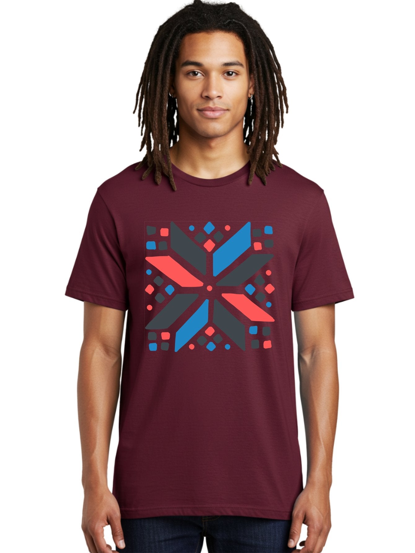 Abstract-Geometric-Pattern Men'S Graphic Tee, 100% Cotton, Comfortable Casual Summer Wear, Machine Washable, Geometric Shapes, Symmetrical Design, Abstract Art, Vibrant Colors, Red, Blue, Black, Bold Graphics, Modern Design, Dynamic Pattern, Aab655 16