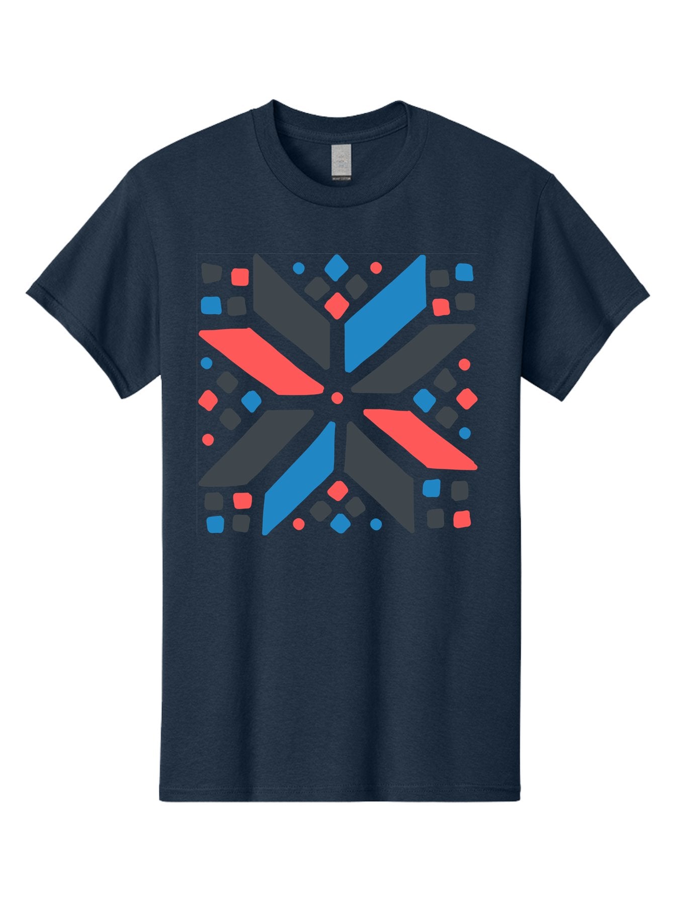 Abstract-Geometric-Pattern Men'S Graphic Tee, 100% Cotton, Comfortable Casual Summer Wear, Machine Washable, Geometric Shapes, Symmetrical Design, Abstract Art, Vibrant Colors, Red, Blue, Black, Bold Graphics, Modern Design, Dynamic Pattern, Aab655 14