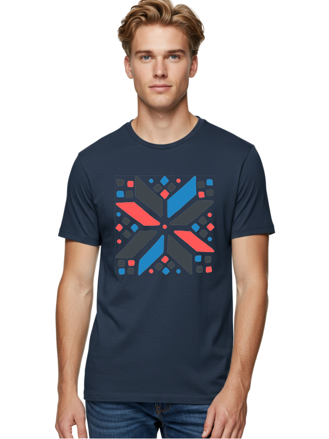Abstract-Geometric-Pattern Men'S Graphic Tee, 100% Cotton, Comfortable Casual Summer Wear, Machine Washable, Geometric Shapes, Symmetrical Design, Abstract Art, Vibrant Colors, Red, Blue, Black, Bold Graphics, Modern Design, Dynamic Pattern, Aab655 4